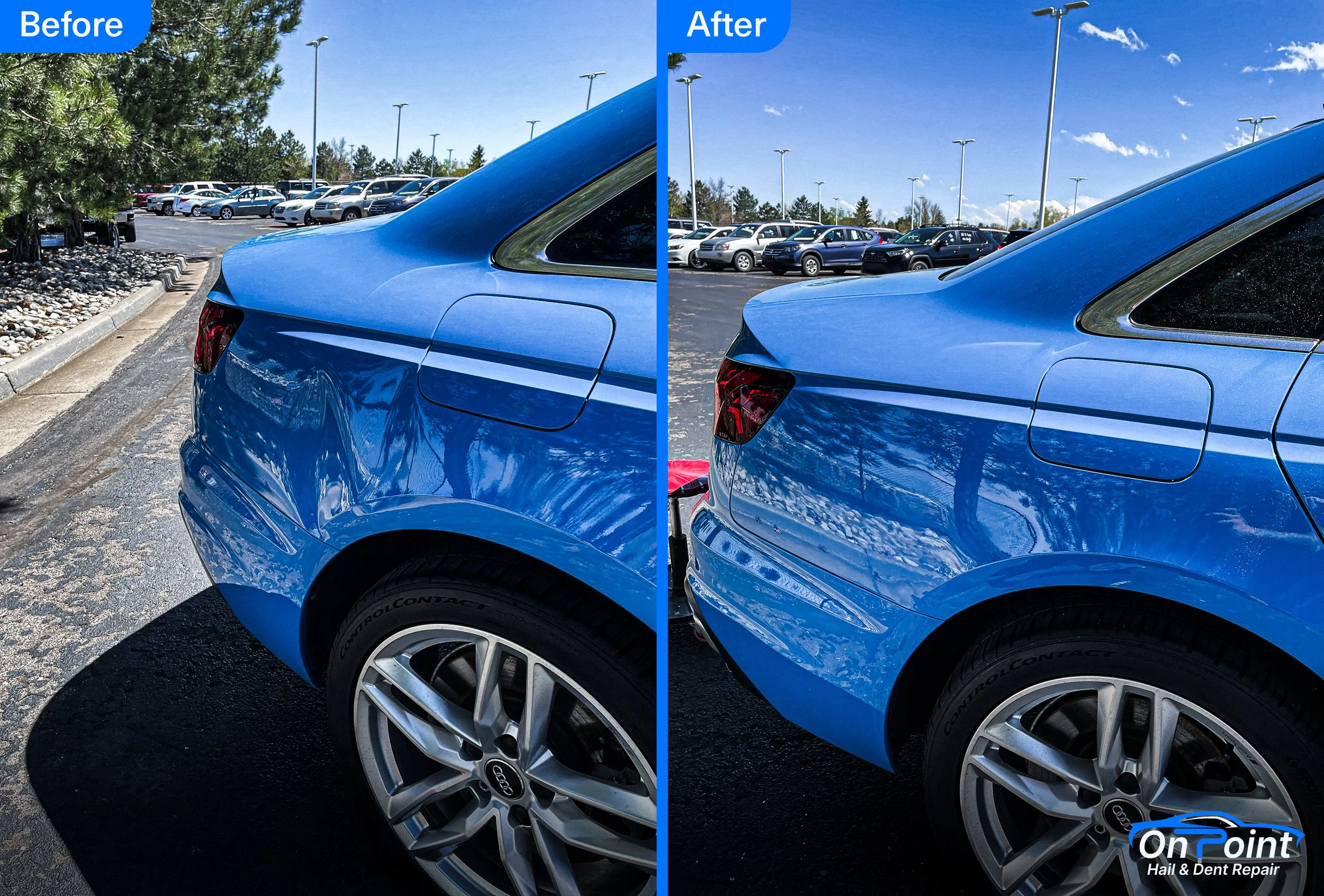 The image shows a side-by-side comparison of a blue car's rear quarter panel before and after a dent was repaired. The "Before" side has a noticeable dent, while the "After" side shows the dent removed with a smooth, shiny surface. The background includes a parking lot filled with parked cars, a clear blue sky with some clouds, and tall parking lot lights.