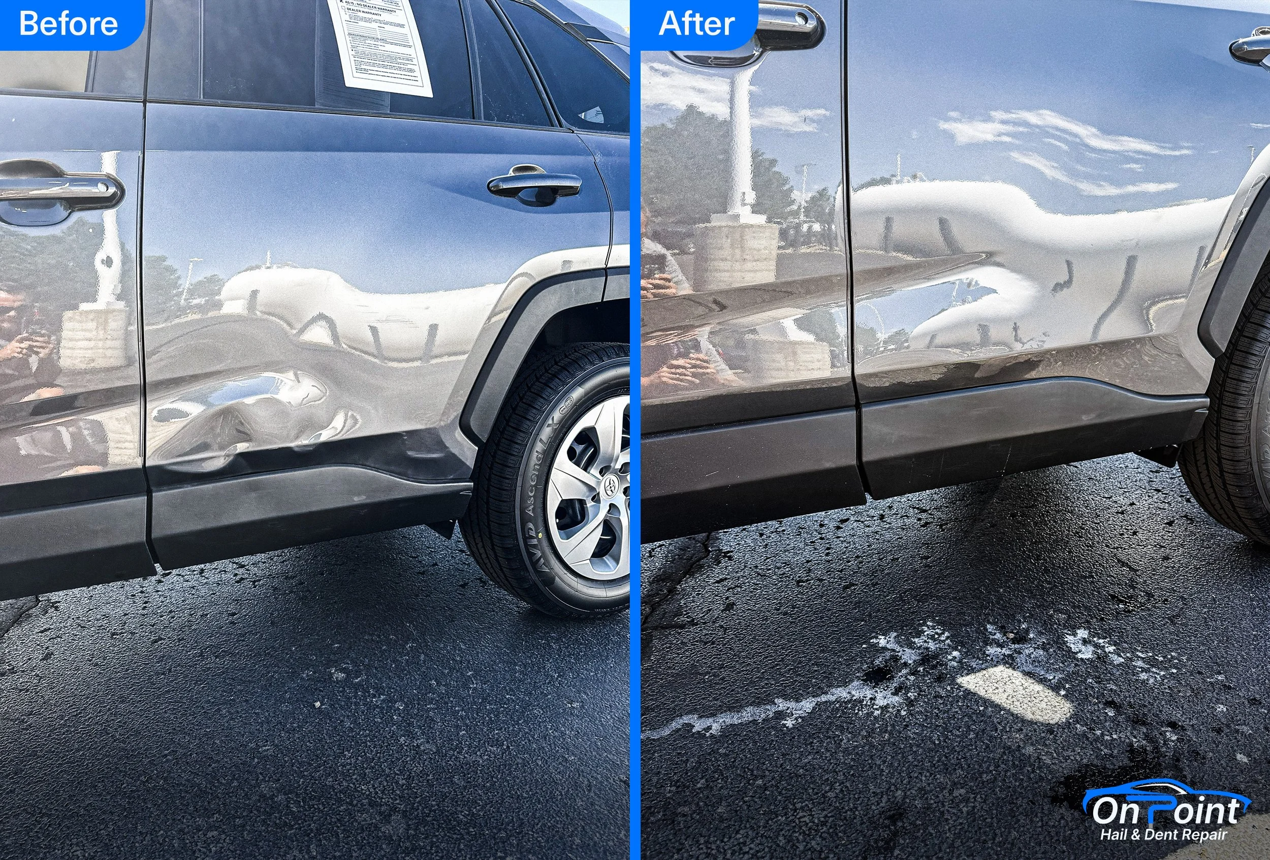 Side view of a gray SUV with visible dents and scratches on the left side before repair, and a smooth, scratch-free surface after repair, with a logo 'On Point Hail & Dent Repair' in the bottom right corner.