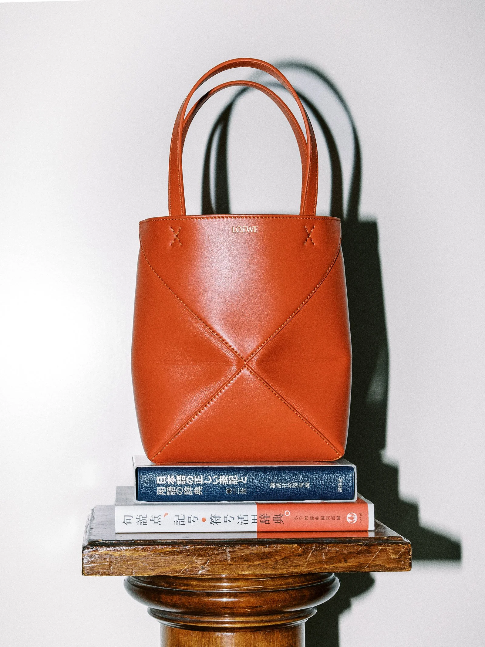 A brown leather Loewe handbag resting on three stacked books, with a shadow of the handbag cast on a plain white wall behind it. The books are on a small wooden table.
