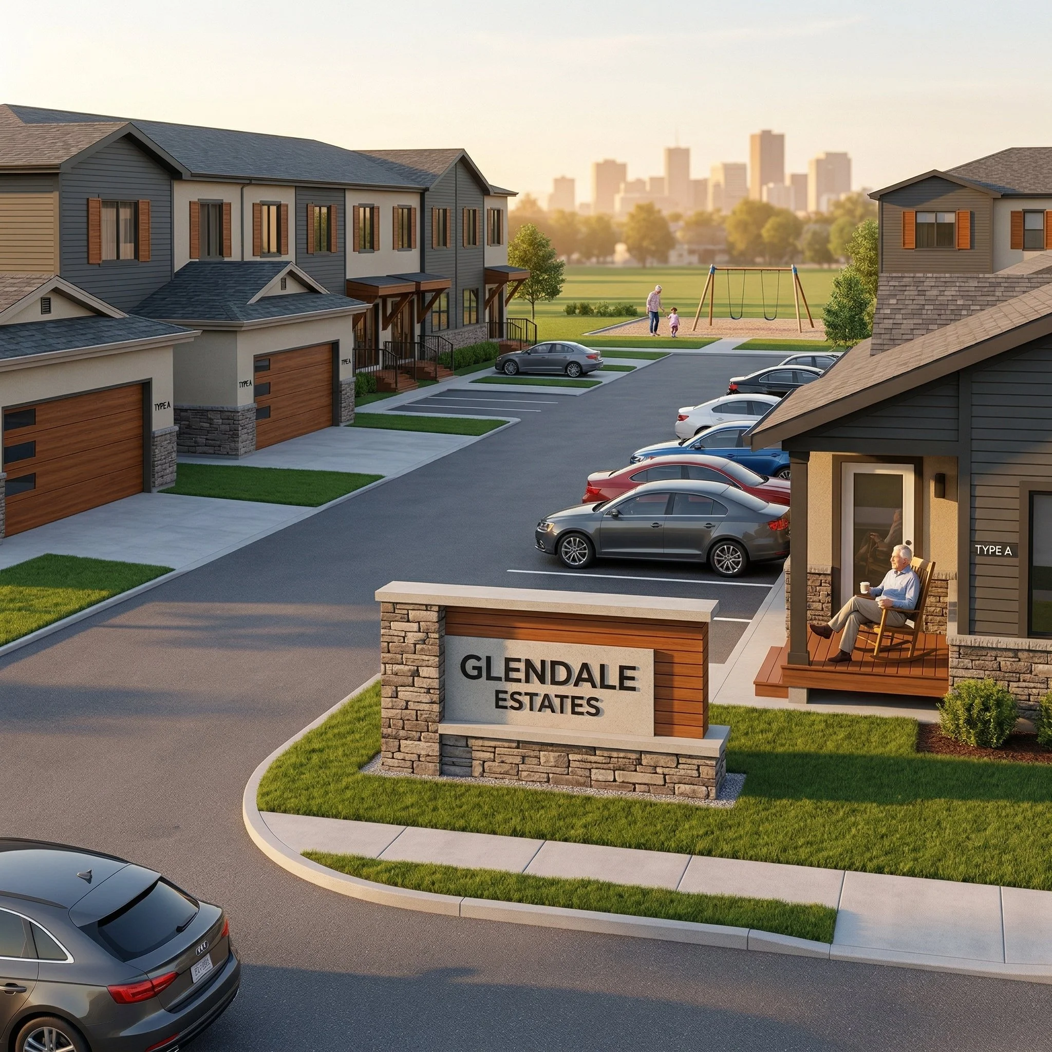 A residential community named Glendale Estates with modern townhouses, a parking lot with several cars, a clubhouse with a porch where an elderly man is sitting with a coffee mug, and a playground with children and an adult in the background.