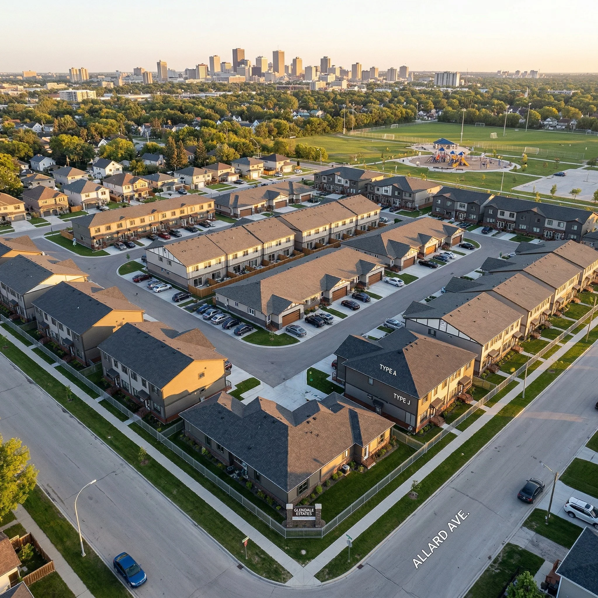 Aerial view of a residential neighborhood with multi-unit townhomes on Allard Avenue, featuring parking lots, landscaped yards, and a nearby park with playground and sports fields in the background.