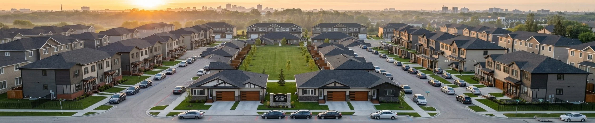 Aerial view of a residential neighborhood at sunset showing new townhouses, parked cars, and a central grassy area with trees.
