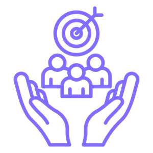 Line drawing of two hands holding a group of people above a target with a bullseye