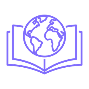 Line drawing of an open book with a globe sitting above it, representing global education or learning.