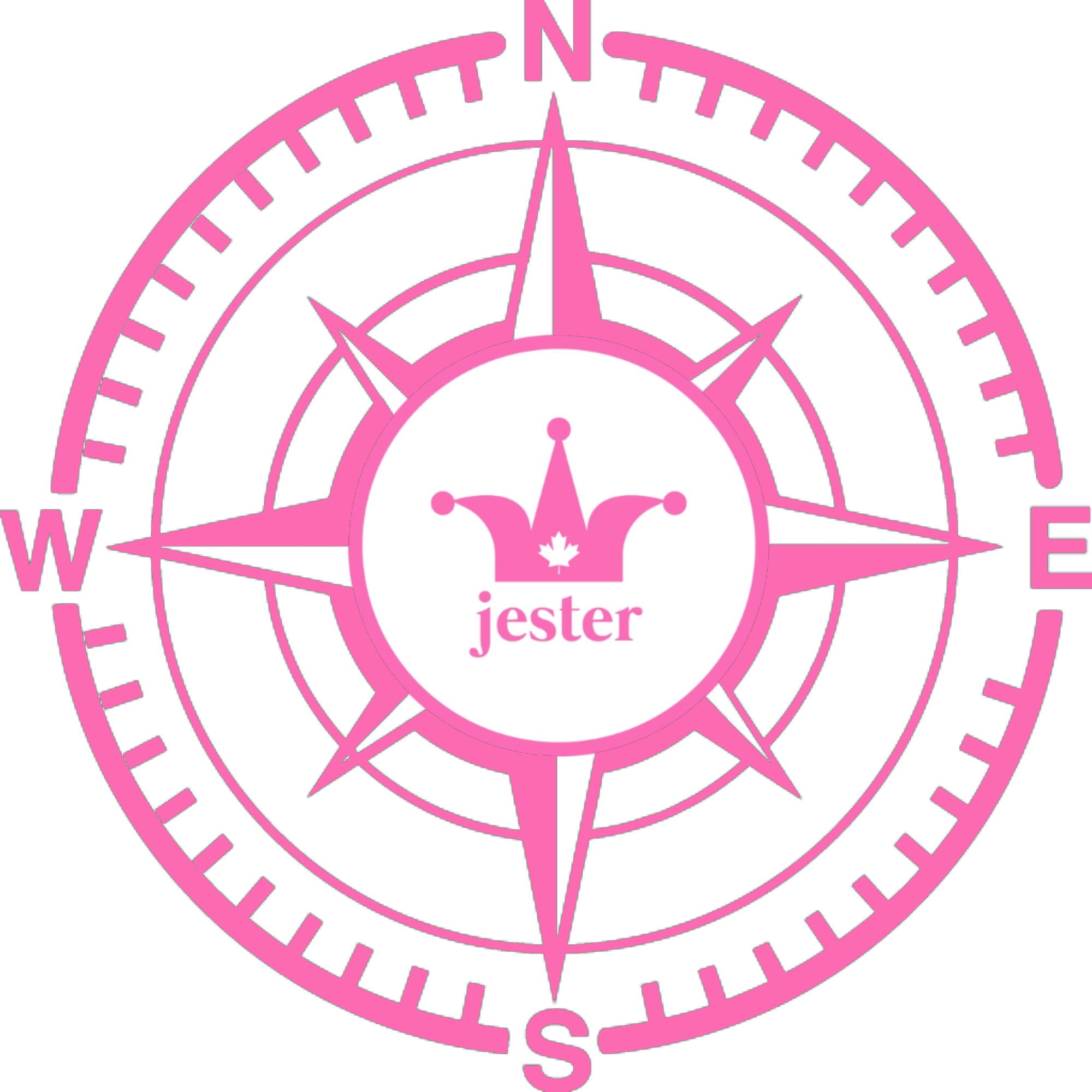 A pink compass rose with the word 'jester' beneath a jester hat with a maple leaf, surrounded by cardinal directions and degree markings.