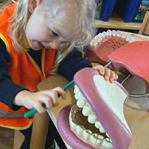 Child playing with a large model of human mouth and teeth, biting into the artificial gums.