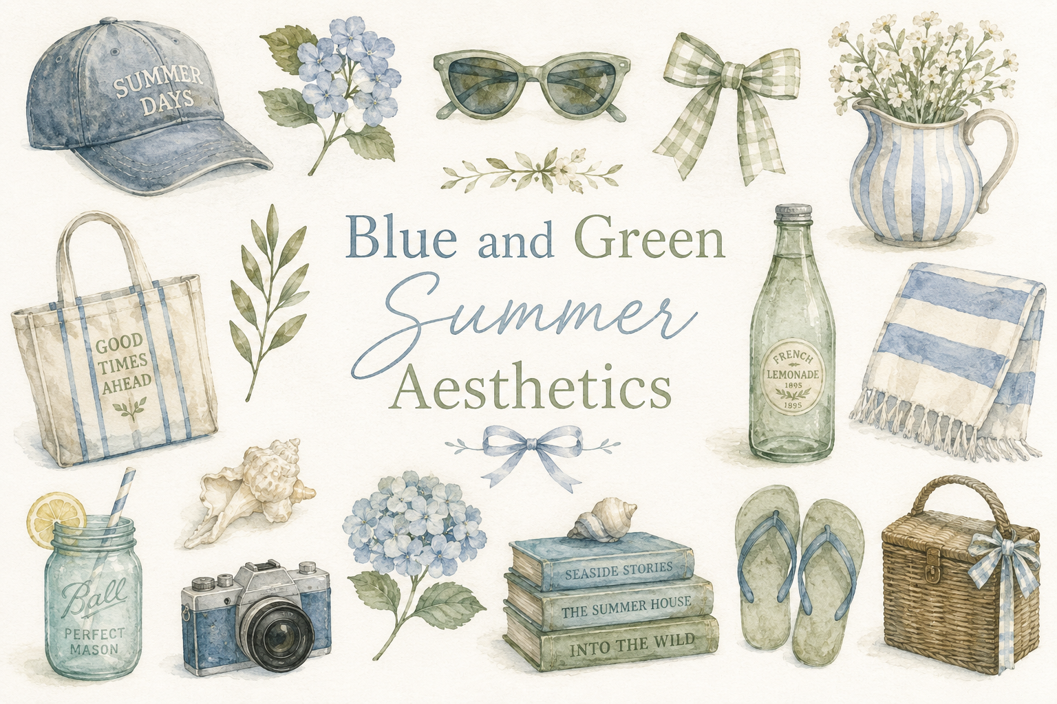 Image collection featuring blue and green summer icons with a vintage, chic aesthetic.