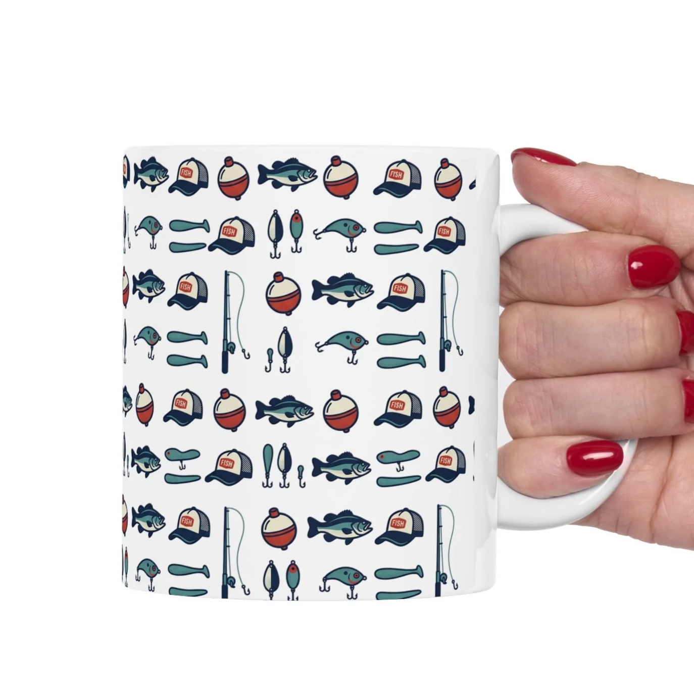 Fishing Pattern Mug | Fish Hooks Bobbers Rods Ceramic Coffee Cup