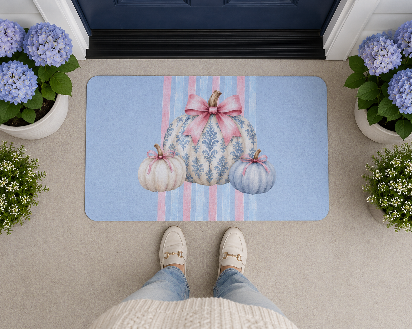 Blue Pink Floral Pattern Pumpkins Polyester Doormat | Pastel Fall Décor