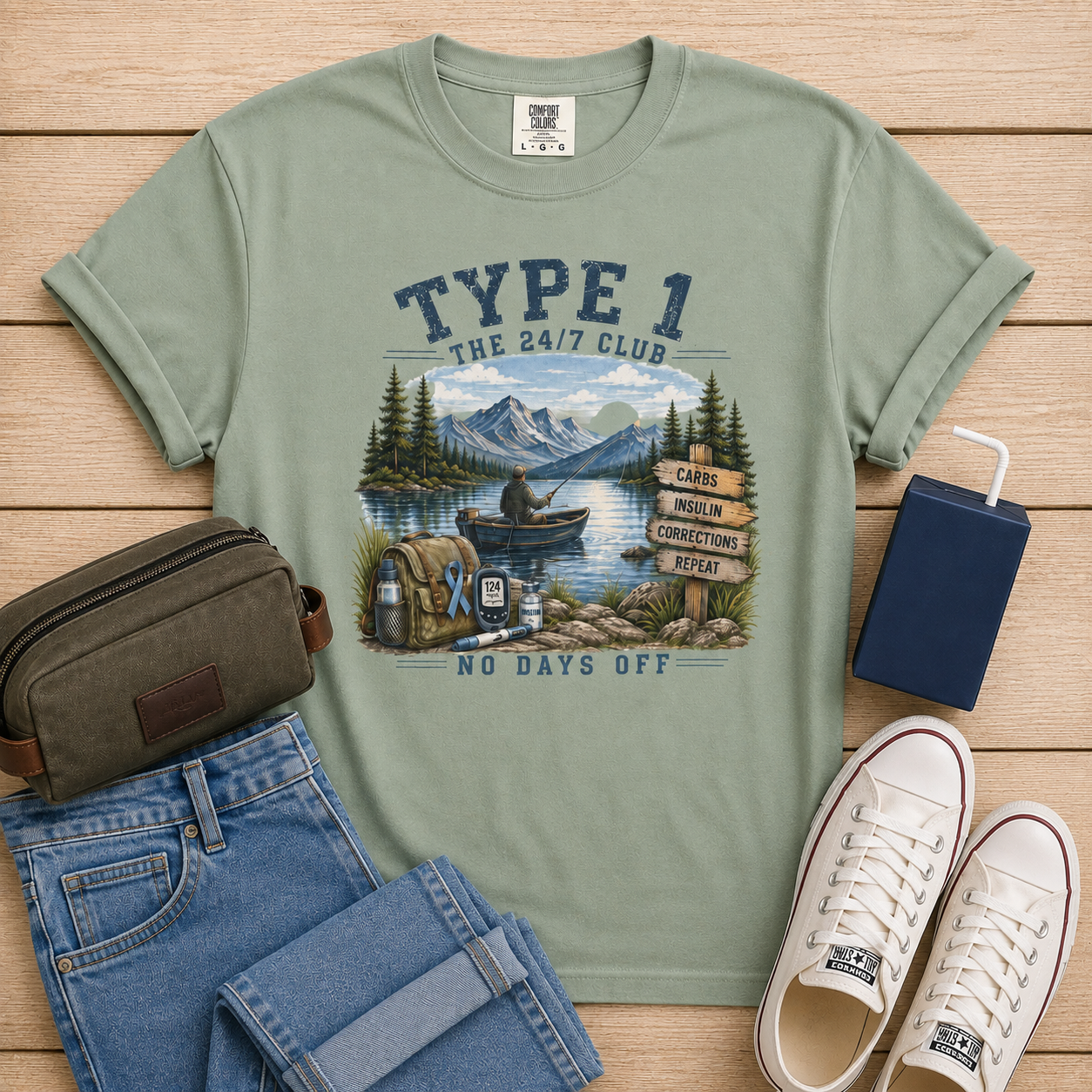 Type 1 Diabetes Crewneck T Shirt, Fishing and Outdoors, graphic unisex tee