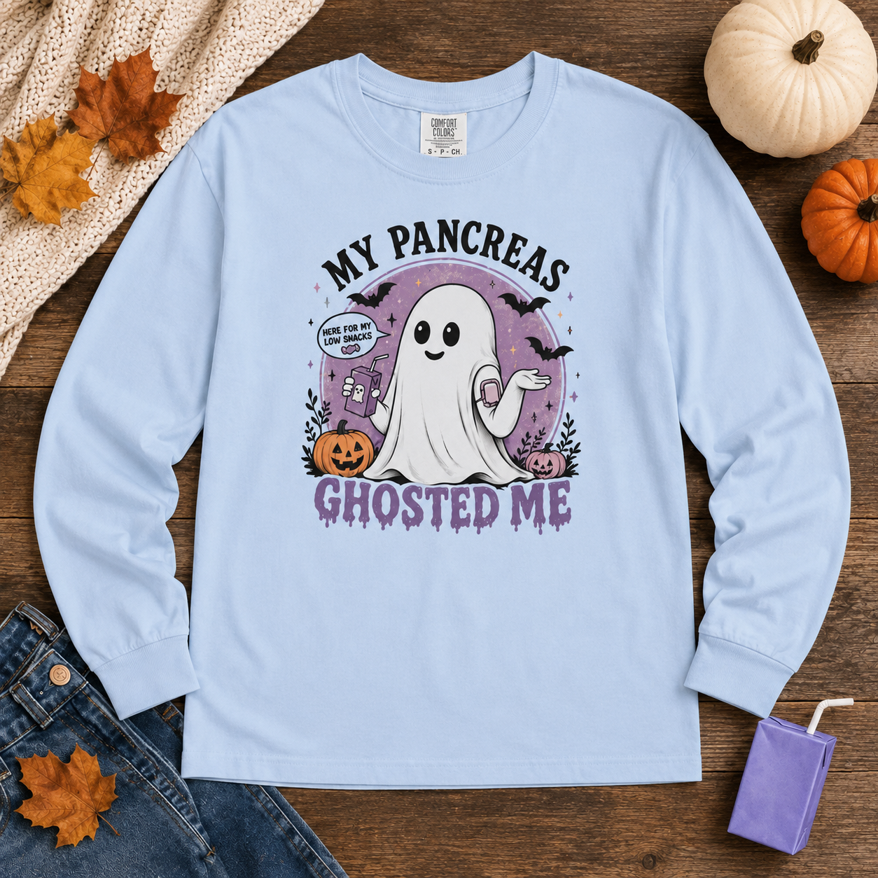 Long Sleeve Tee — "My Pancreas Ghosted Me" Halloween Diabetes Awareness Shirt