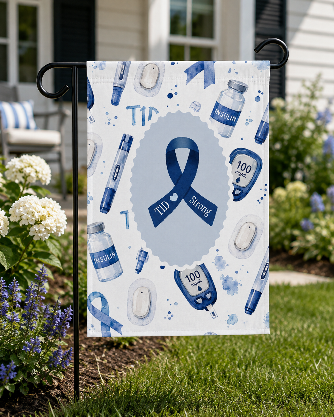 Type 1 Diabetes Garden Flag that turns your yard into a gentle statement of strength, featuring a bold Blue Awareness Ribbon and calming watercolor blues.