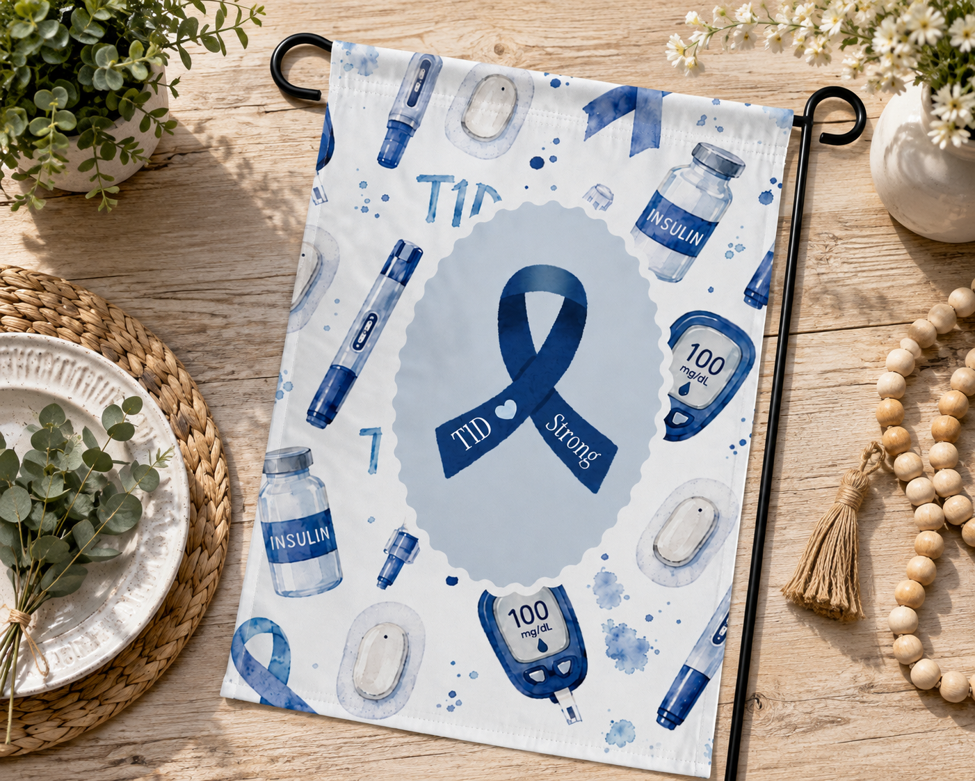 Type 1 Diabetes Garden Flag that turns your yard into a gentle statement of strength, featuring a bold Blue Awareness Ribbon and calming watercolor blues.