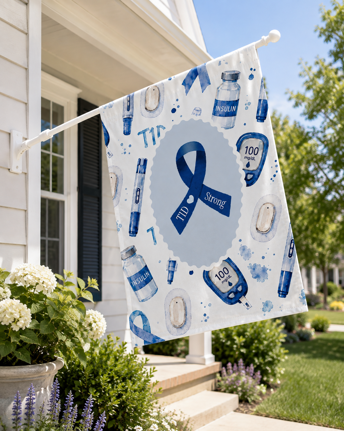 Type 1 Diabetes Garden Flag that turns your yard into a gentle statement of strength, featuring a bold Blue Awareness Ribbon and calming watercolor blues.