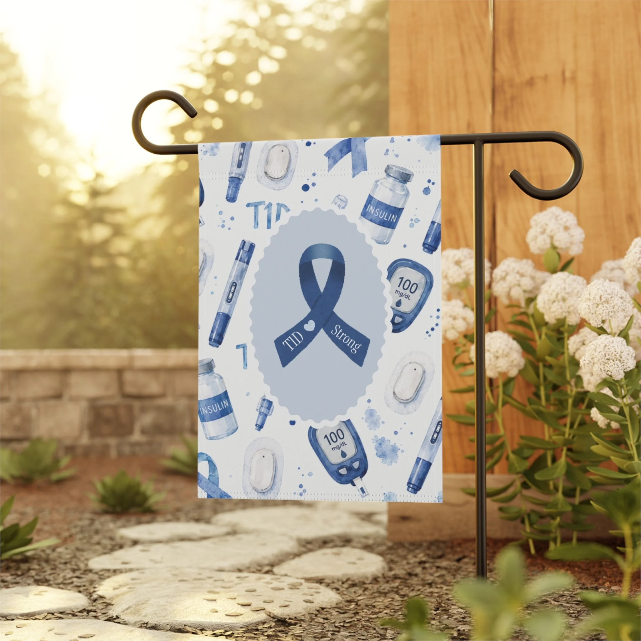 Type 1 Diabetes Garden Flag that turns your yard into a gentle statement of strength, featuring a bold Blue Awareness Ribbon and calming watercolor blues.
