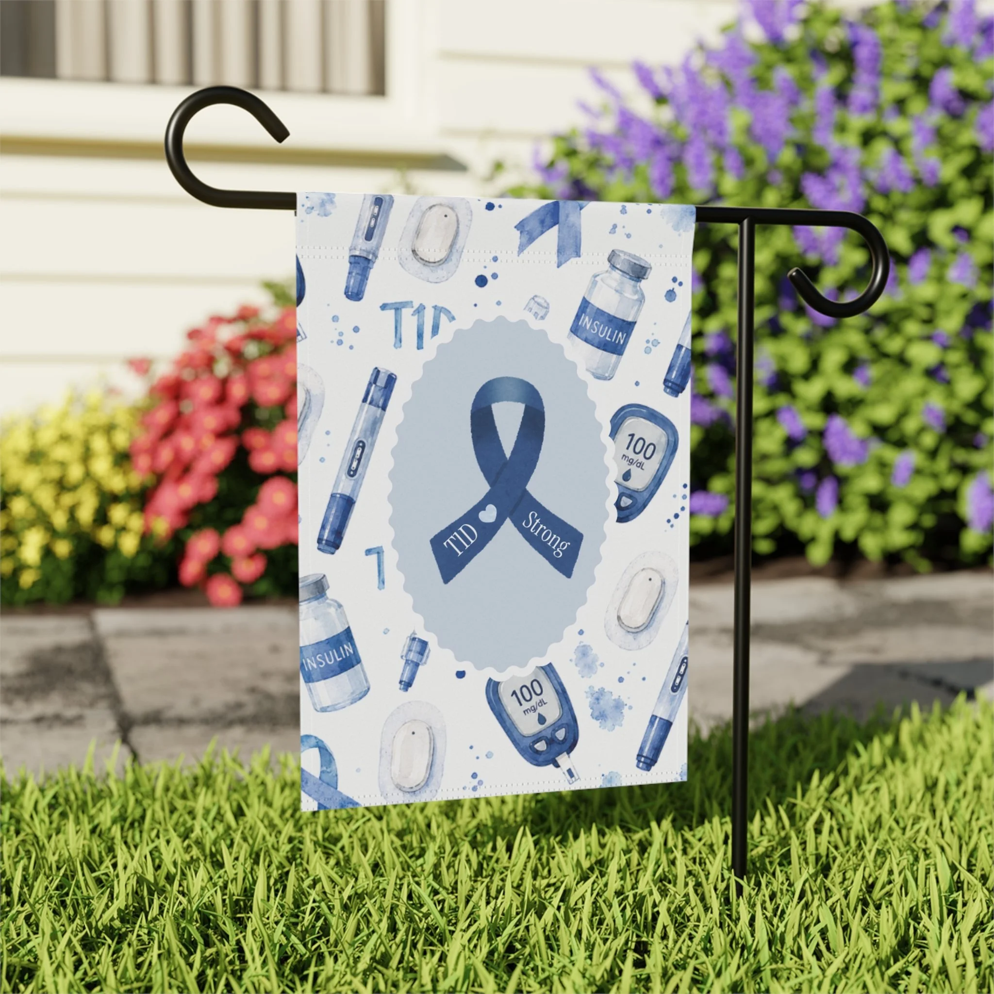 Type 1 Diabetes Garden Flag that turns your yard into a gentle statement of strength, featuring a bold Blue Awareness Ribbon and calming watercolor blues.