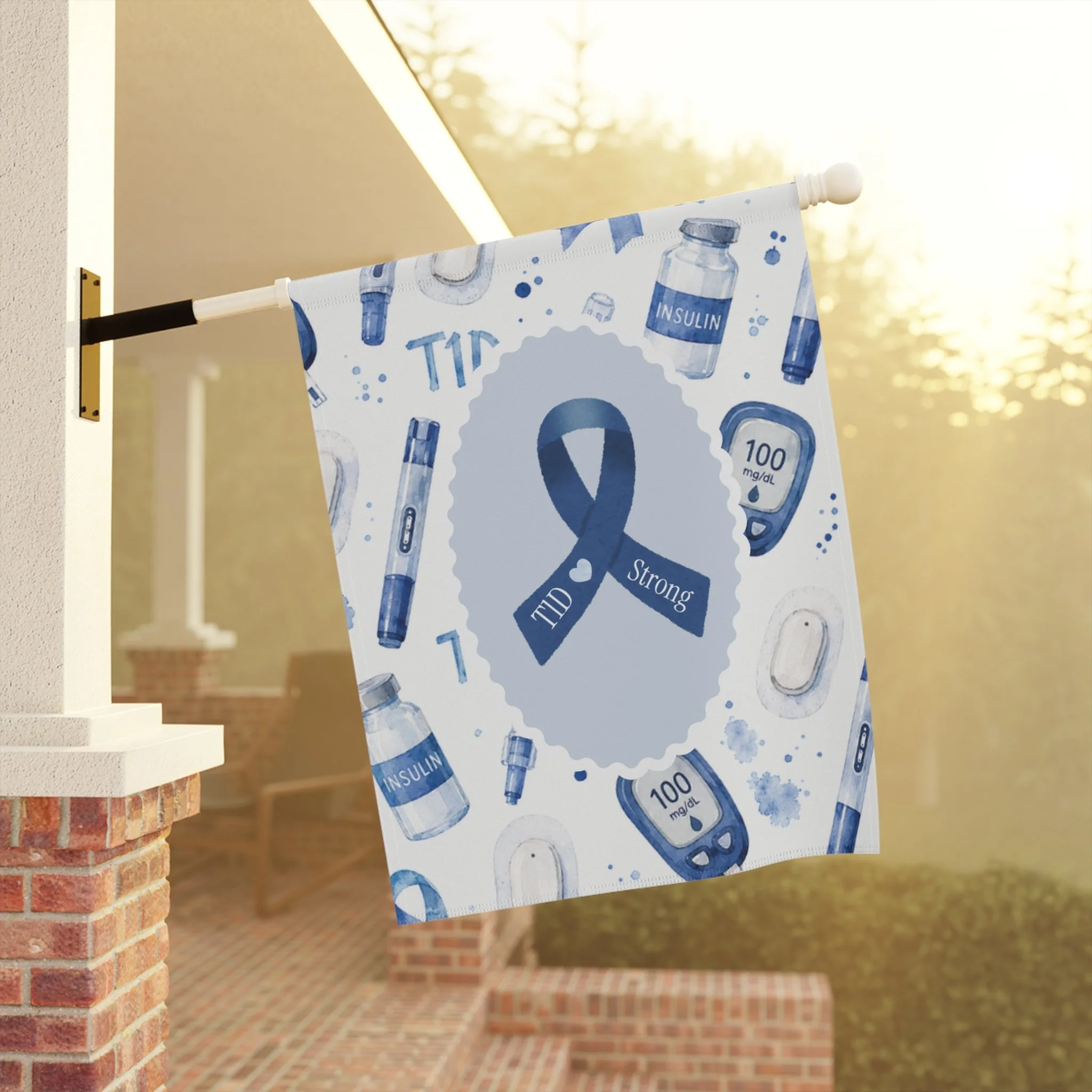 Type 1 Diabetes Garden Flag that turns your yard into a gentle statement of strength, featuring a bold Blue Awareness Ribbon and calming watercolor blues.