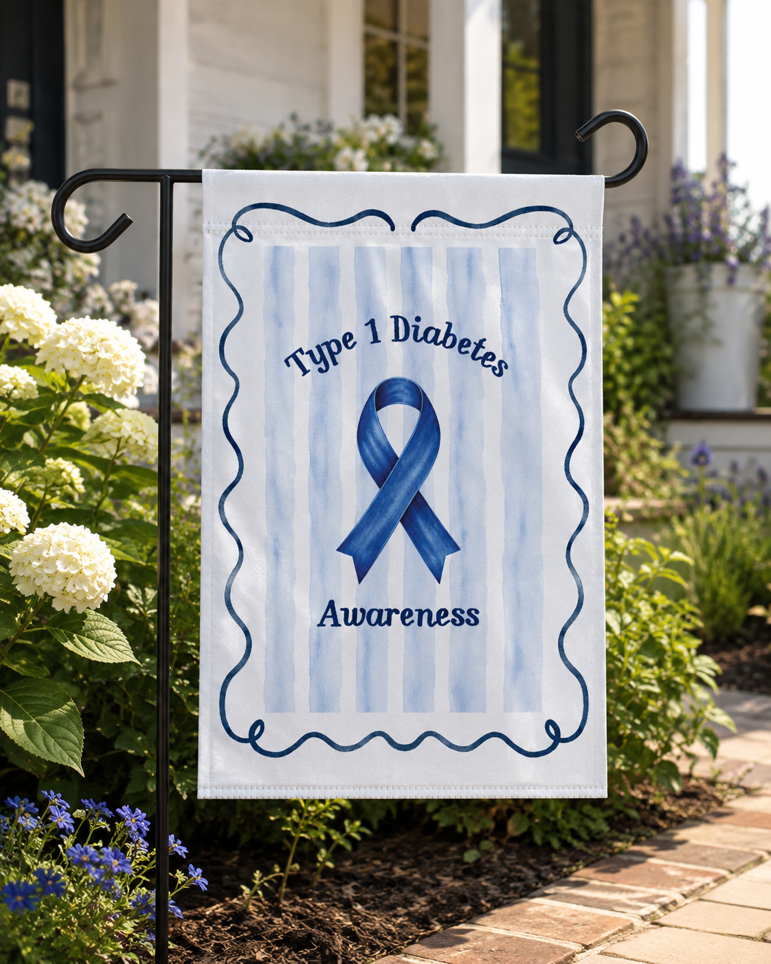 Type 1 Diabetes Awareness Flag With Blue Striped Background | T1D Ribbon Garden Flag | Outdoor Yard Decor