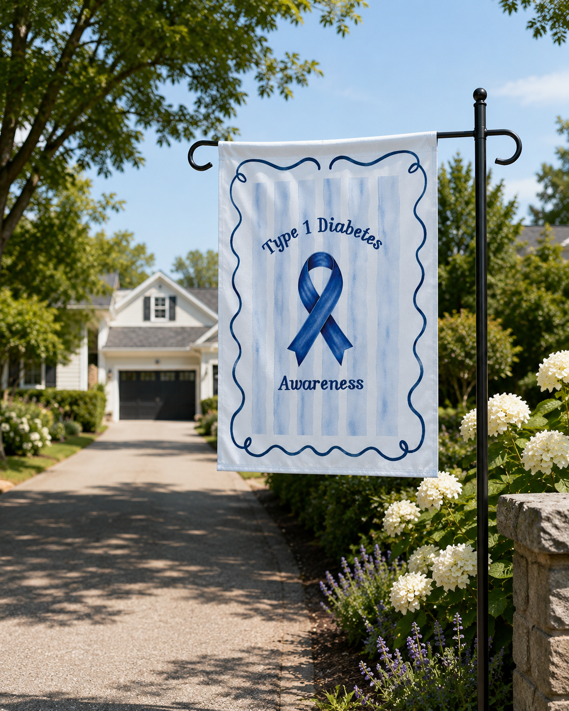 Type 1 diabetes awareness flag for heartfelt home decor: soft blue stripes, a bold ribbon, and a calm, uplifting look that speaks without shouting.