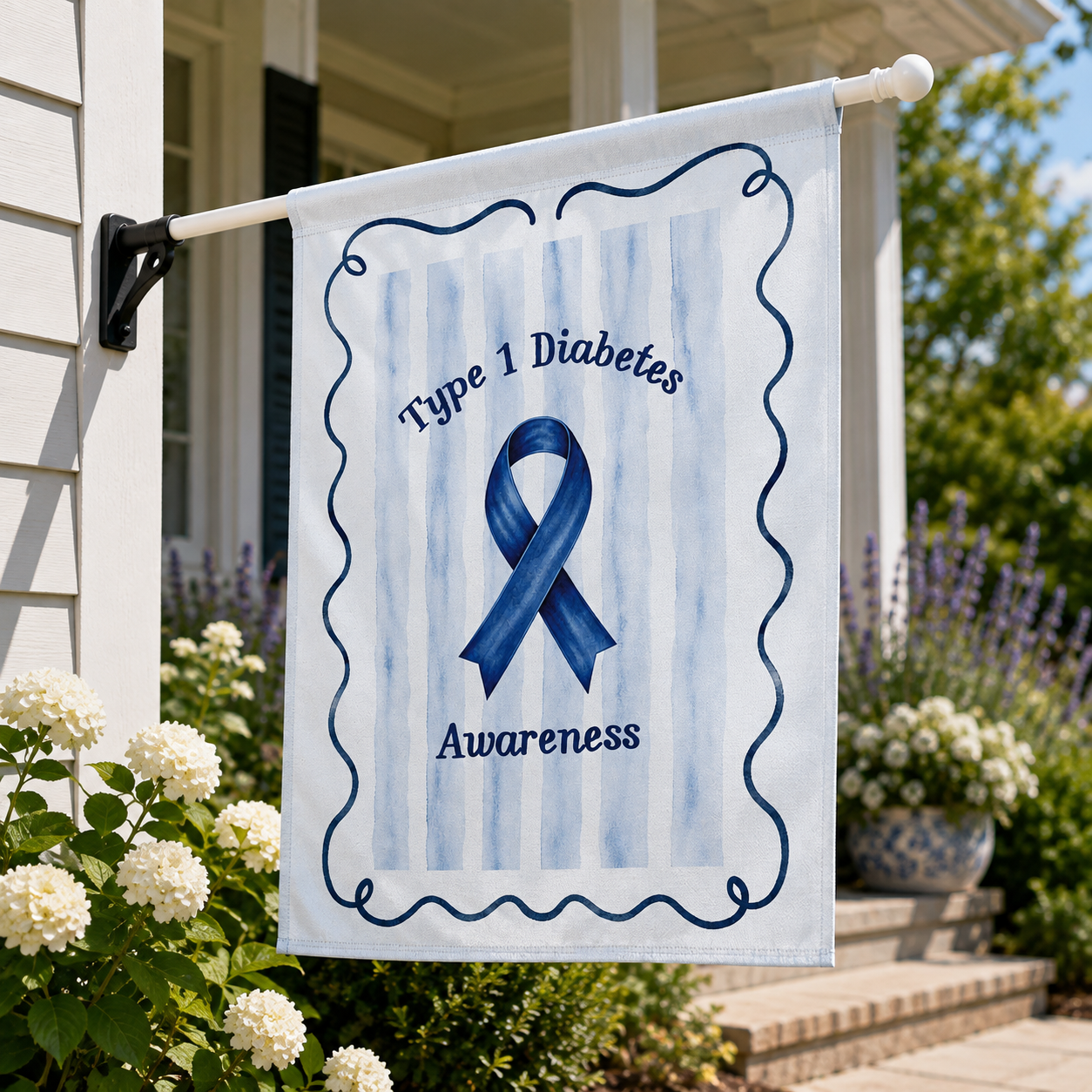 Type 1 diabetes awareness flag for heartfelt home decor: soft blue stripes, a bold ribbon, and a calm, uplifting look that speaks without shouting.
