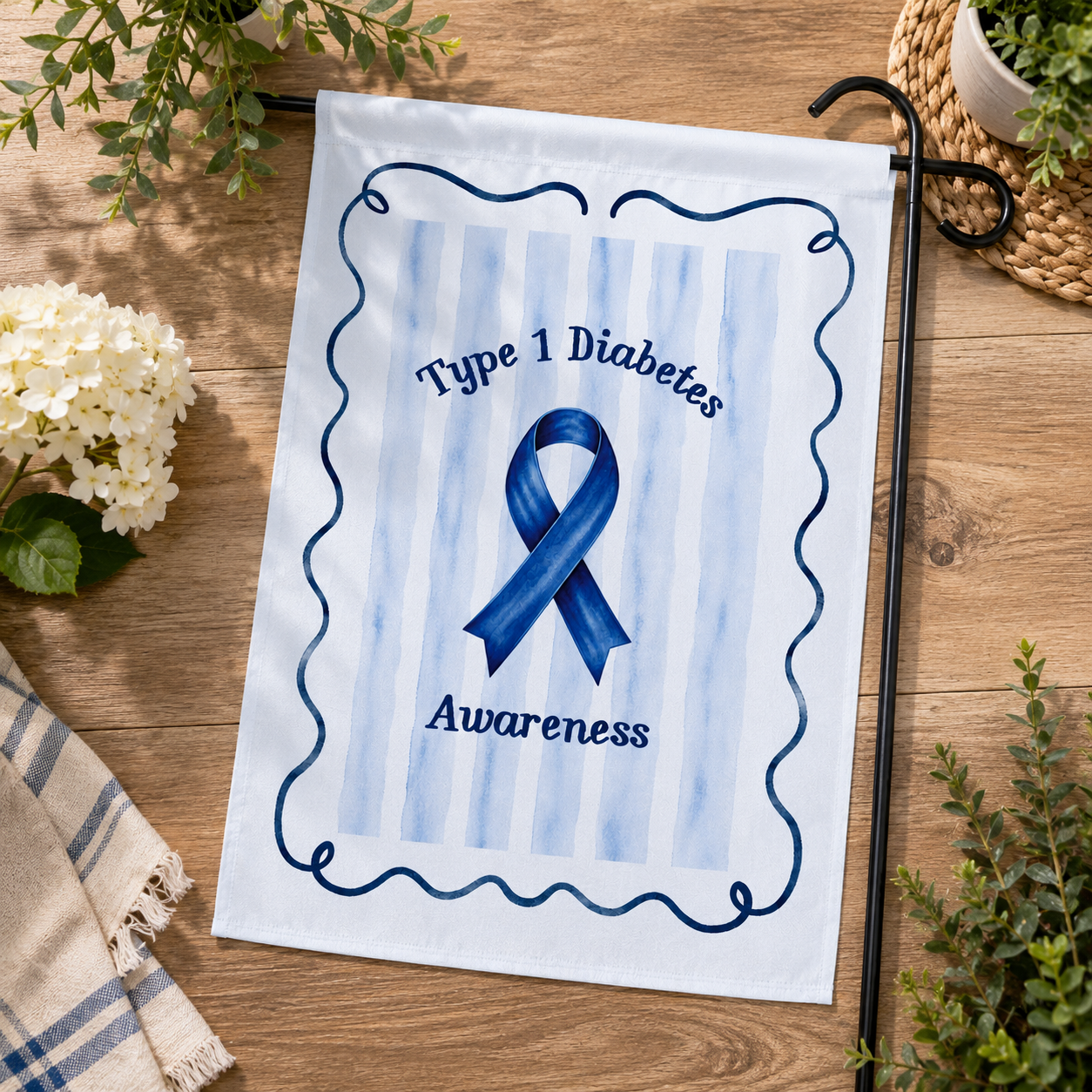 Type 1 diabetes awareness flag for heartfelt home decor: soft blue stripes, a bold ribbon, and a calm, uplifting look that speaks without shouting.
