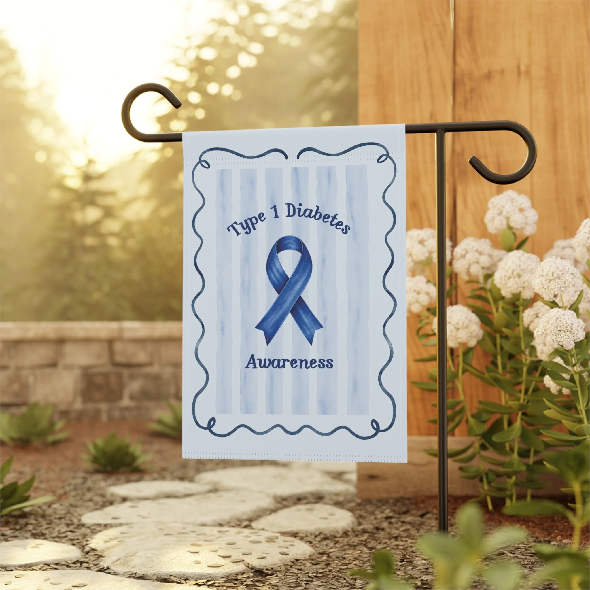 Type 1 diabetes awareness flag for heartfelt home decor: soft blue stripes, a bold ribbon, and a calm, uplifting look that speaks without shouting.