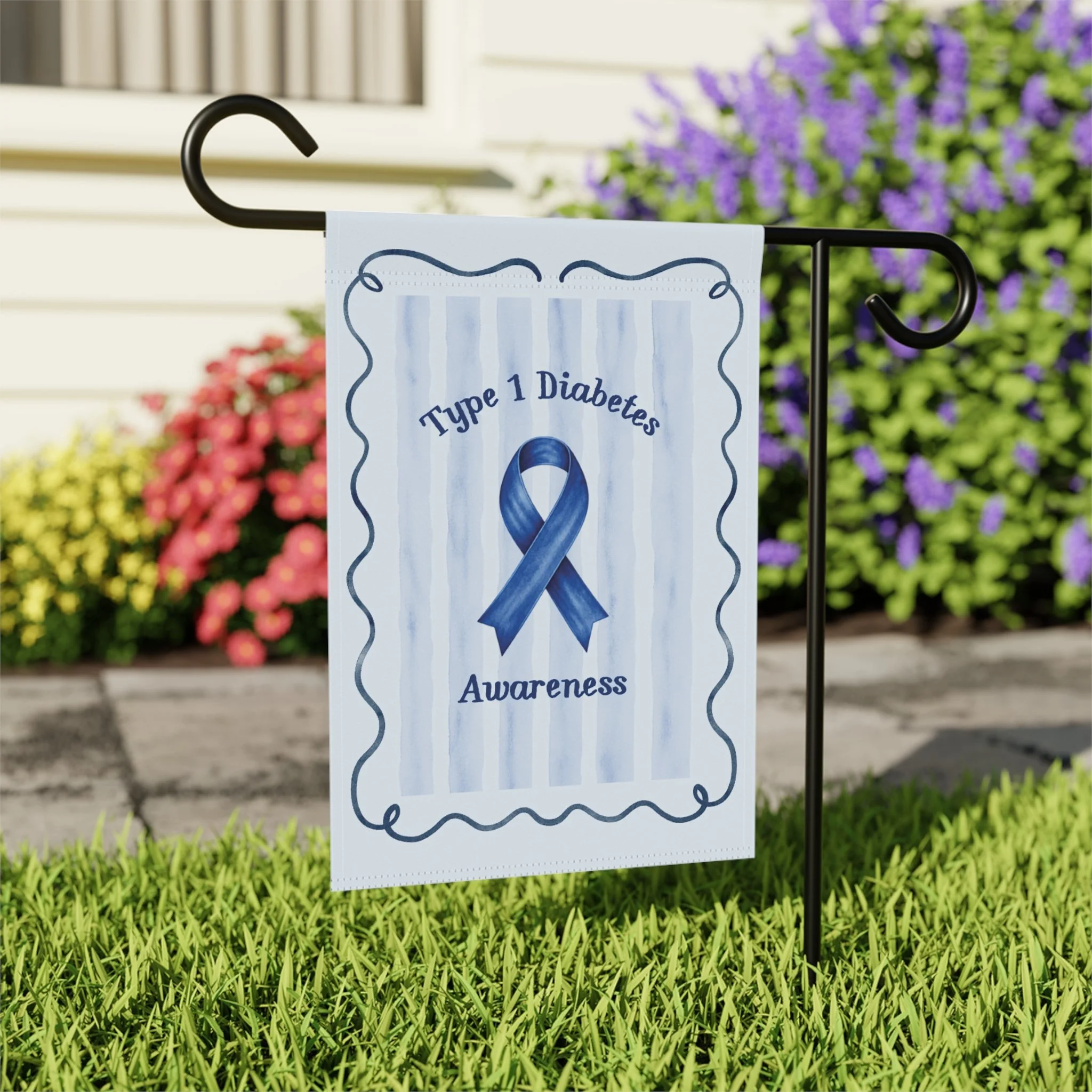 Type 1 diabetes awareness flag for heartfelt home decor: soft blue stripes, a bold ribbon, and a calm, uplifting look that speaks without shouting.