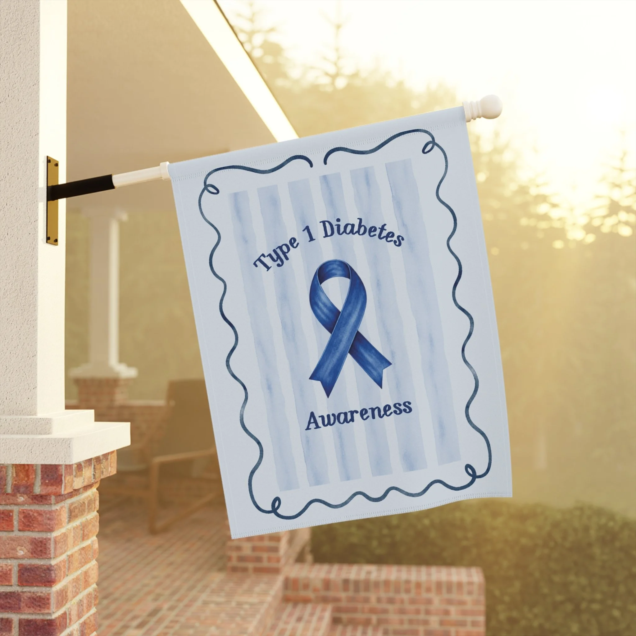 Type 1 diabetes awareness flag for heartfelt home decor: soft blue stripes, a bold ribbon, and a calm, uplifting look that speaks without shouting.