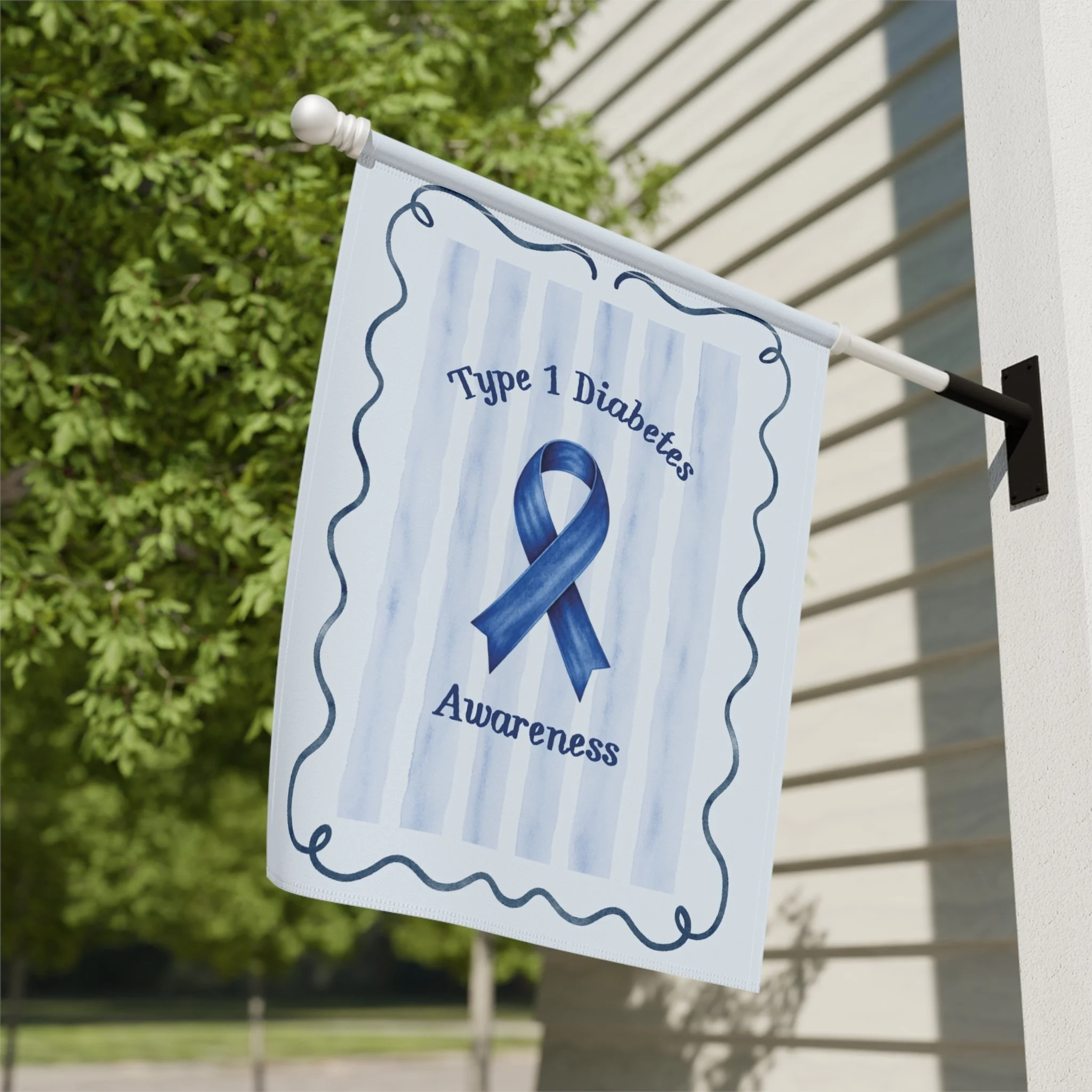 Type 1 diabetes awareness flag for heartfelt home decor: soft blue stripes, a bold ribbon, and a calm, uplifting look that speaks without shouting.