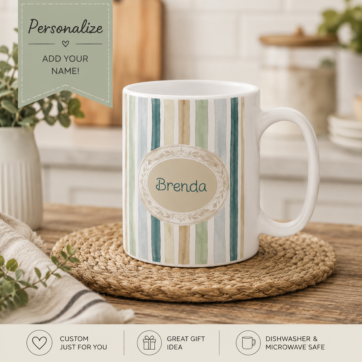 Personalized Neutral Earth Tone Stripes Mug | Custom Name Coffee Cup | Neutral Palette