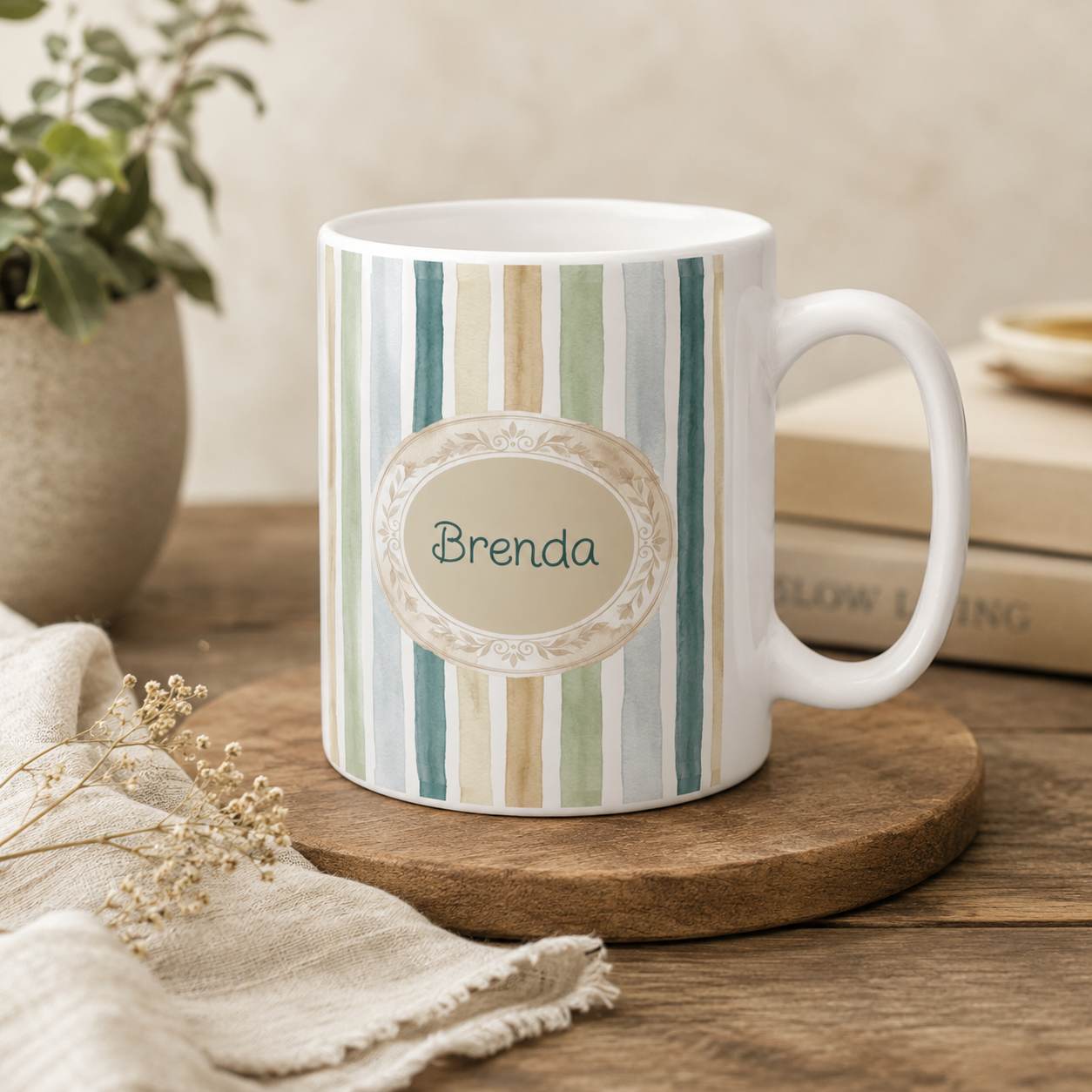 Personalized Neutral Earth Tone Stripes Mug | Custom Name Coffee Cup | Neutral Palette