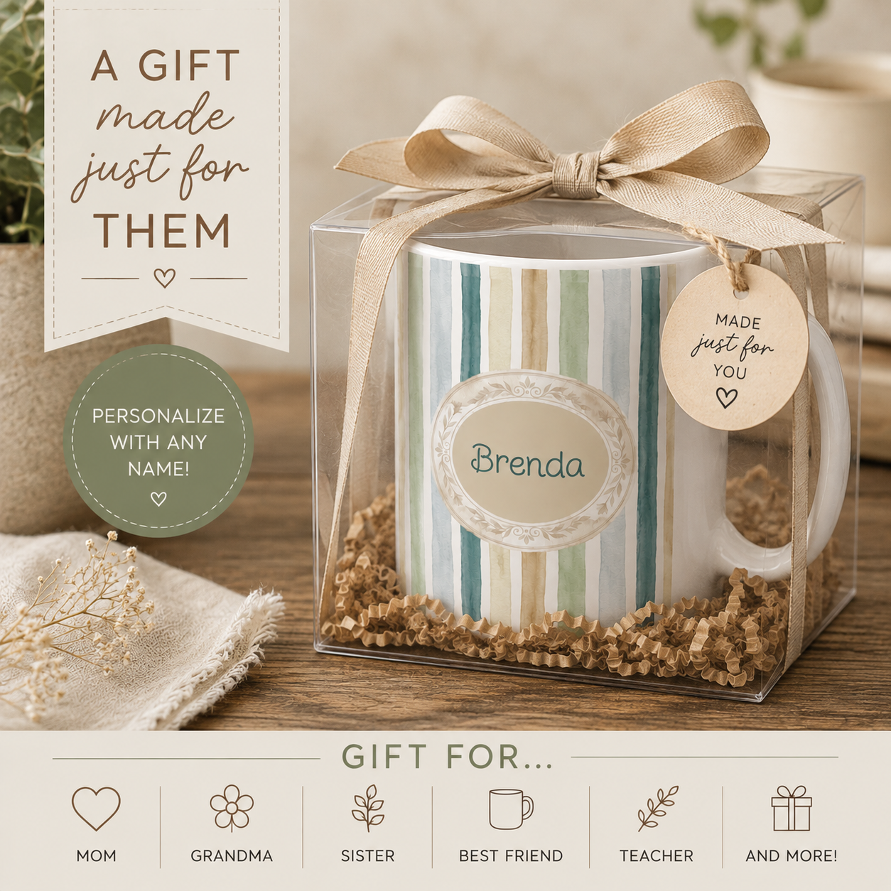 Personalized Neutral Earth Tone Stripes Mug | Custom Name Coffee Cup | Neutral Palette