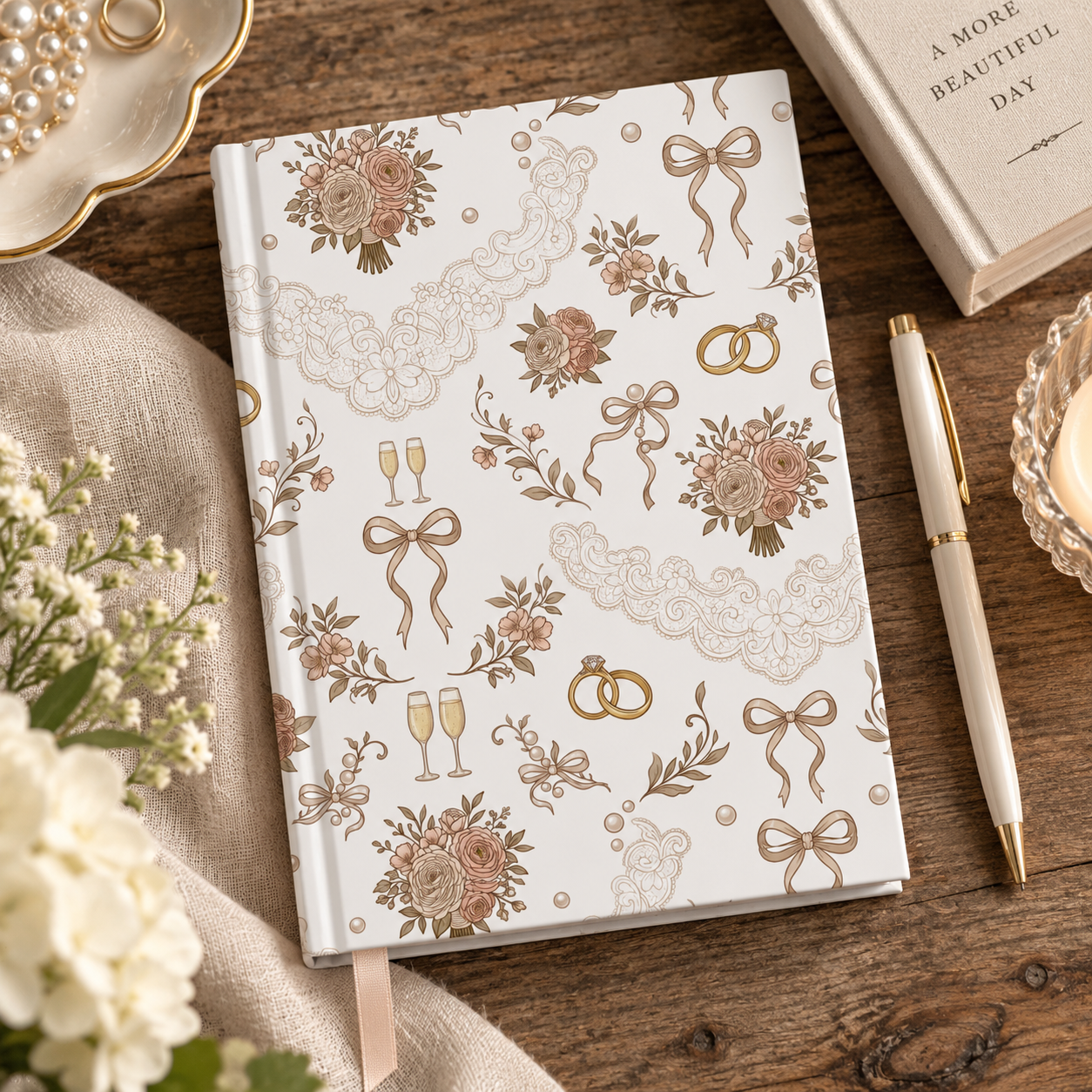 Vintage Floral Wedding Pattern Hardcover Journal | Lined Notebook |Engagement Gifts | Bride Bag Gifts