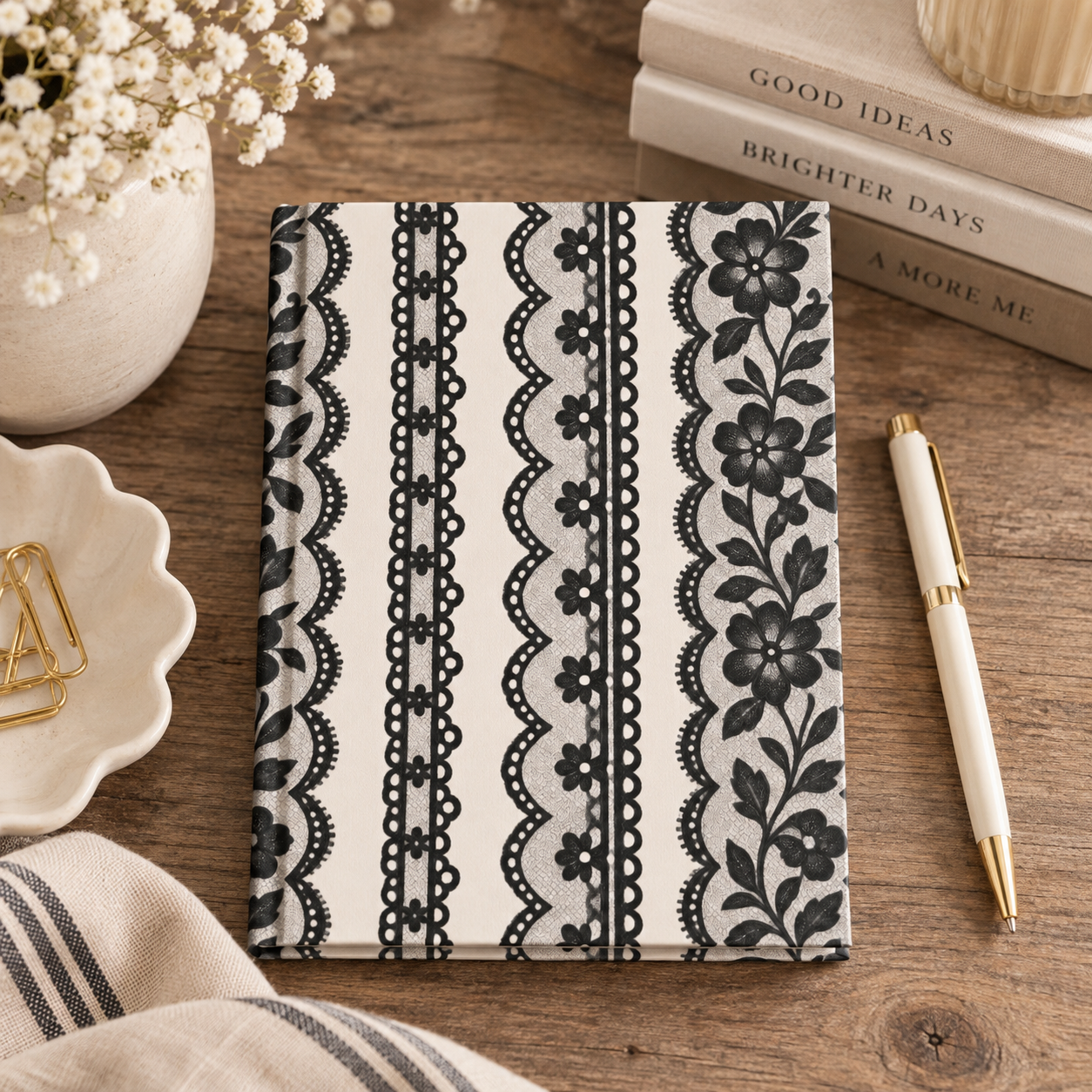 Black Lace Stripes Hardcover Journal | Lined Notebook