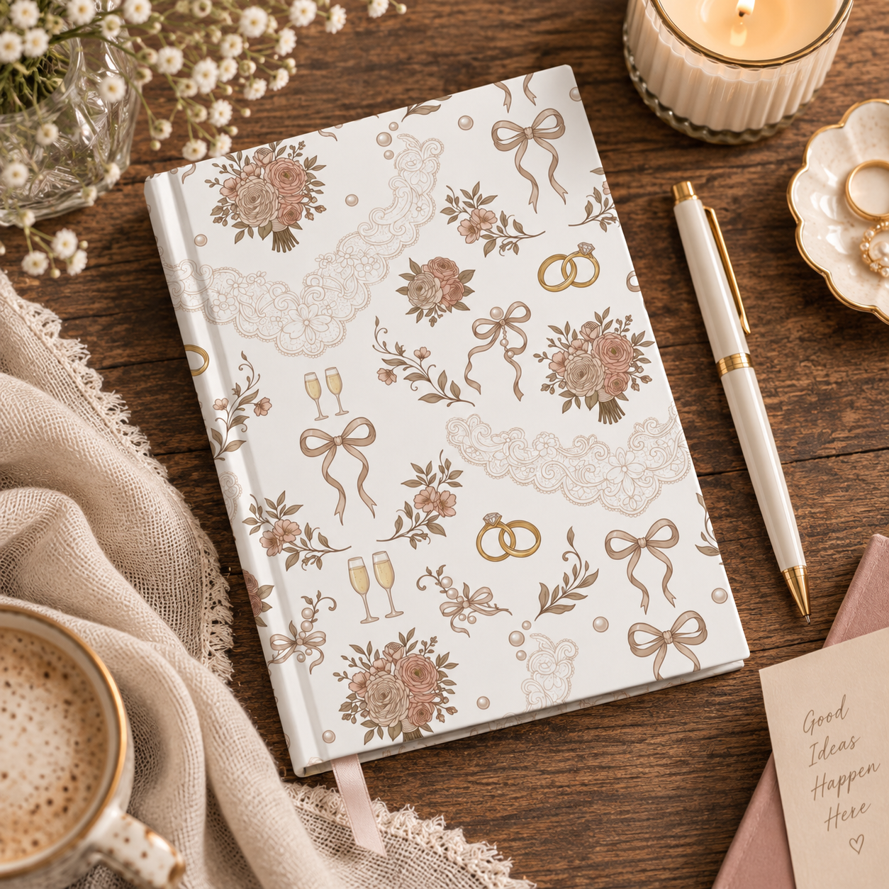Vintage Floral Wedding Pattern Hardcover Journal