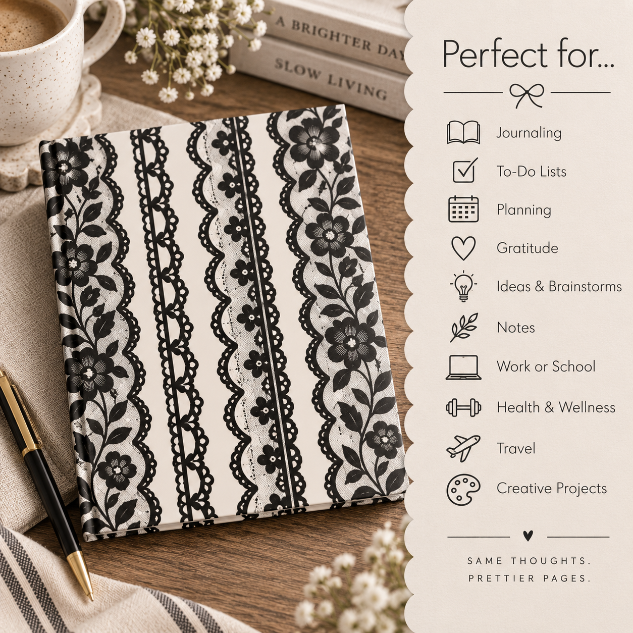 Black Lace Stripes Hardcover Journal