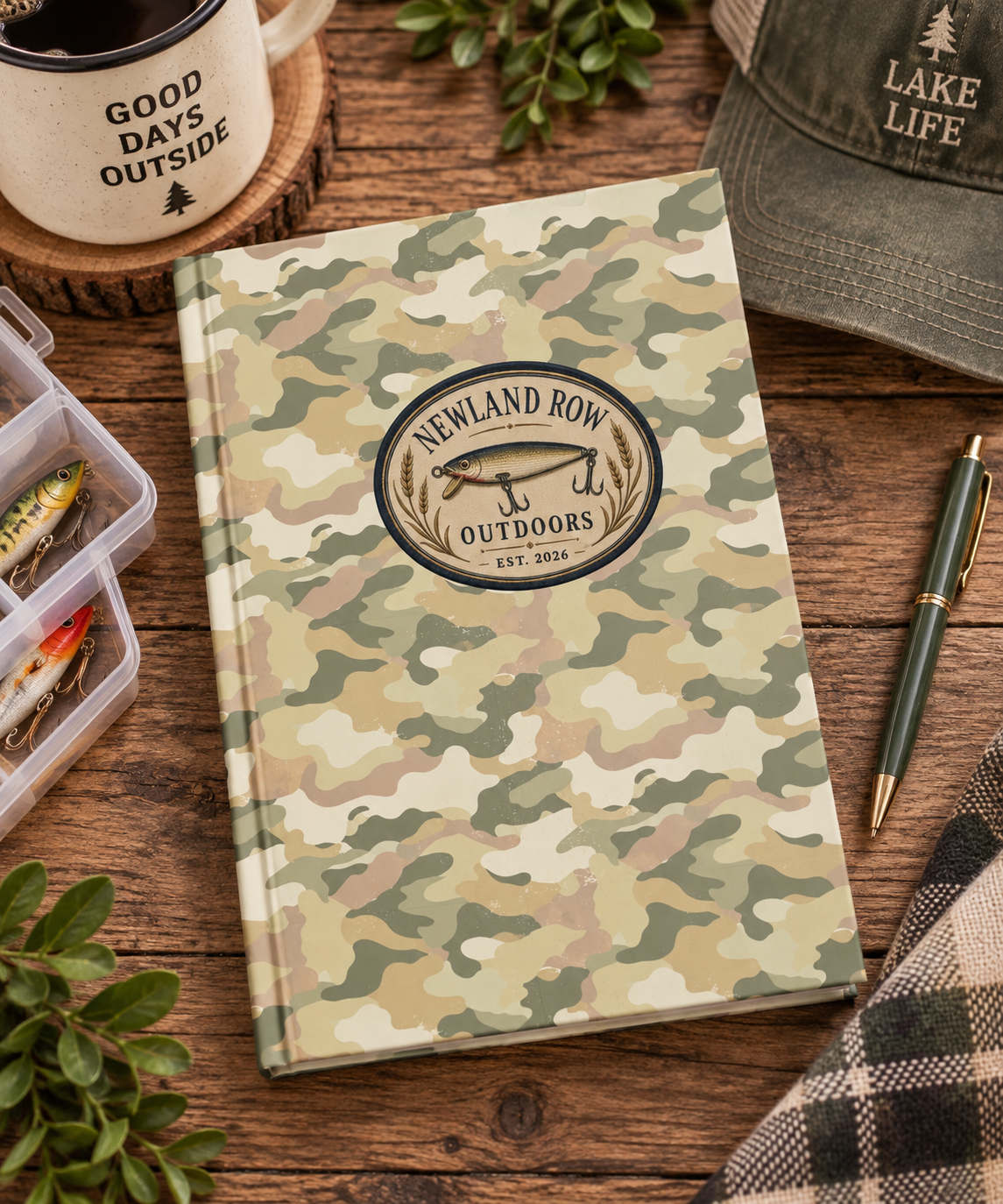 Fish Lure and Camo Hardcover Journal — "Newland Row Outdoors" Lined Notebook