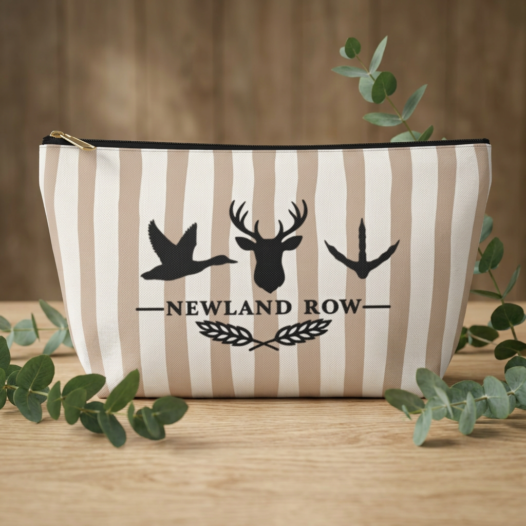 tan and white stripe background with deer head, flying mallard, and turkey print above “Newland Row”