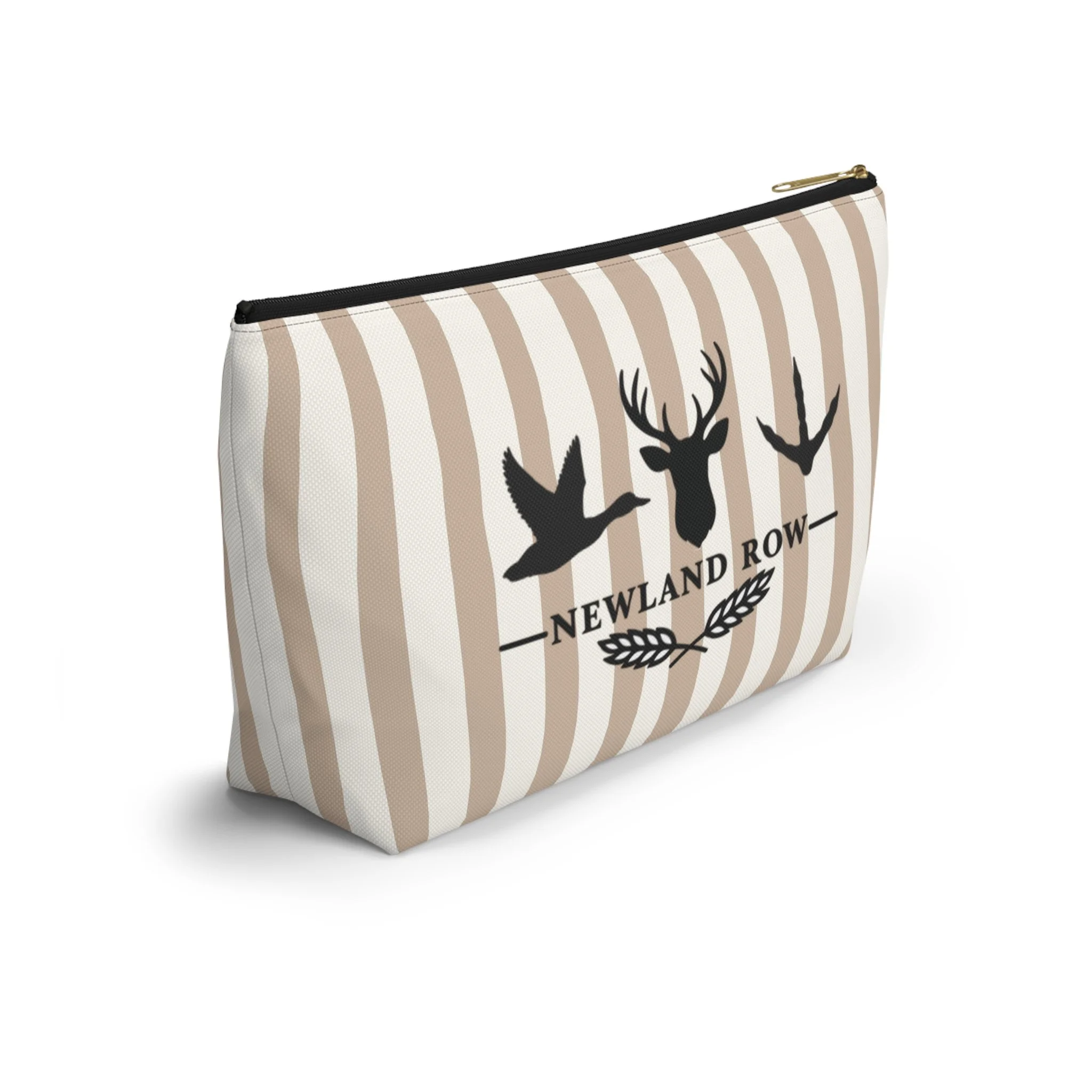 tan and white stripe background with deer head, flying mallard, and turkey print above “Newland Row”