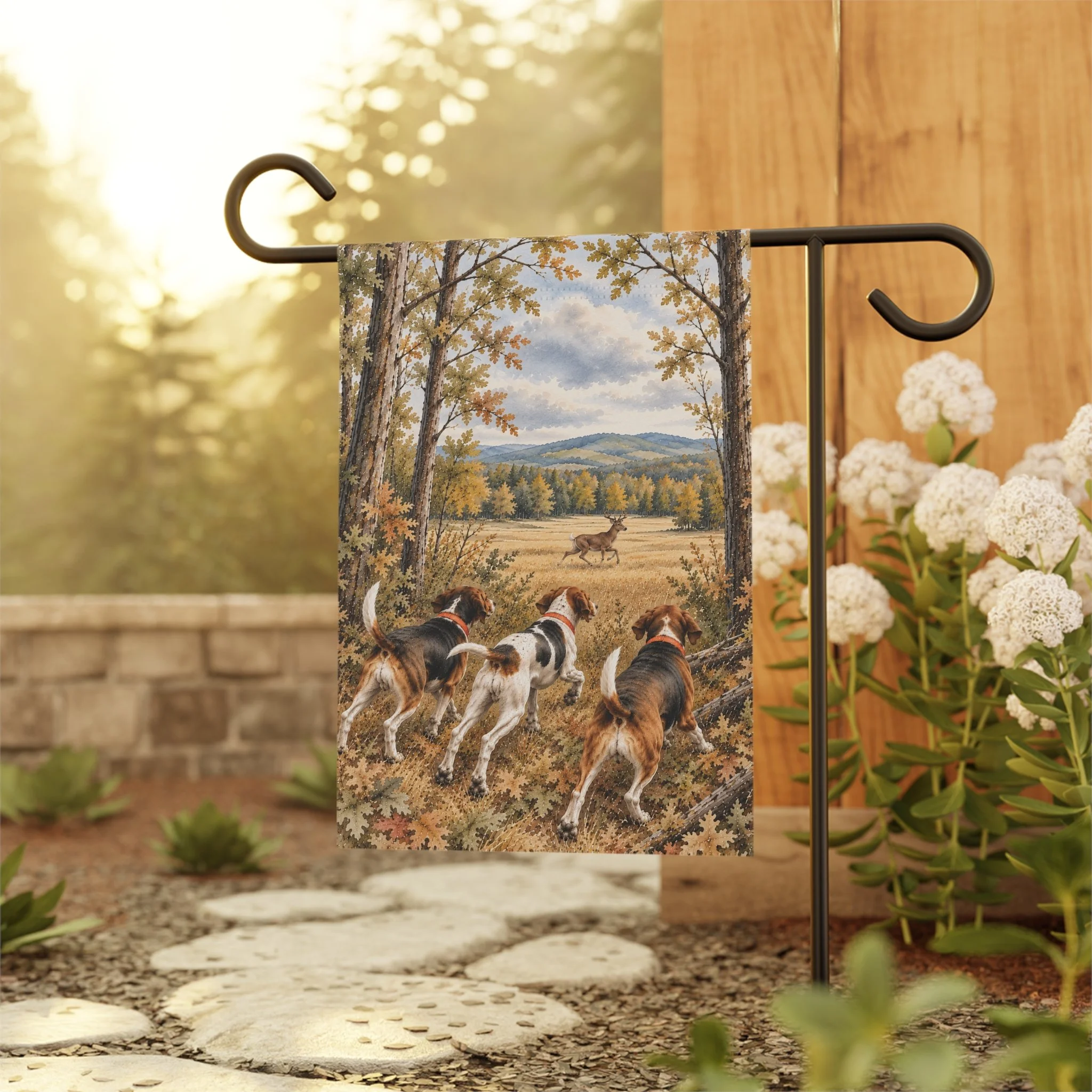 Deer Hunting Hounds Flag | Running Buck Scene Garden Flag | Gift for Deer Hunters