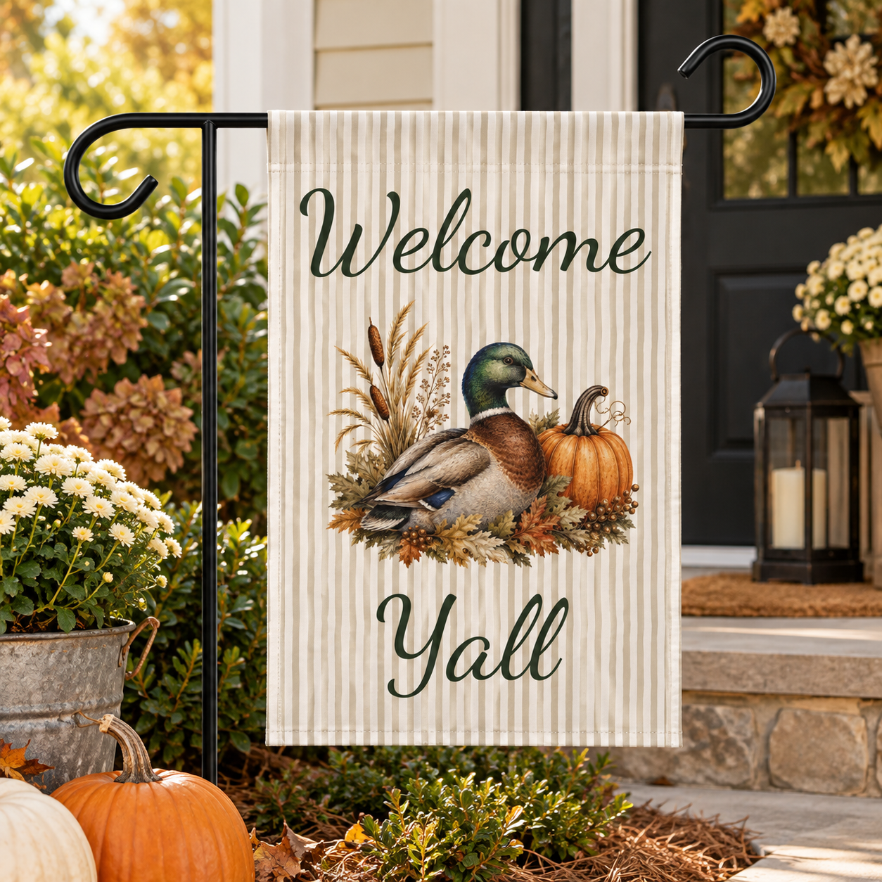 Welcome Y'all Flag with  Mallard Duck & Pumpkin Fall Design
