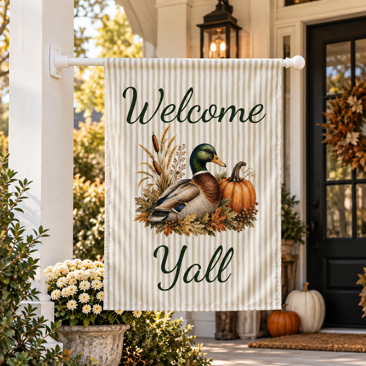 mallard duck flag, a cozy porch accent featuring a handsome drake beside a pumpkin and a cheerful “Welcome Yall” greeting