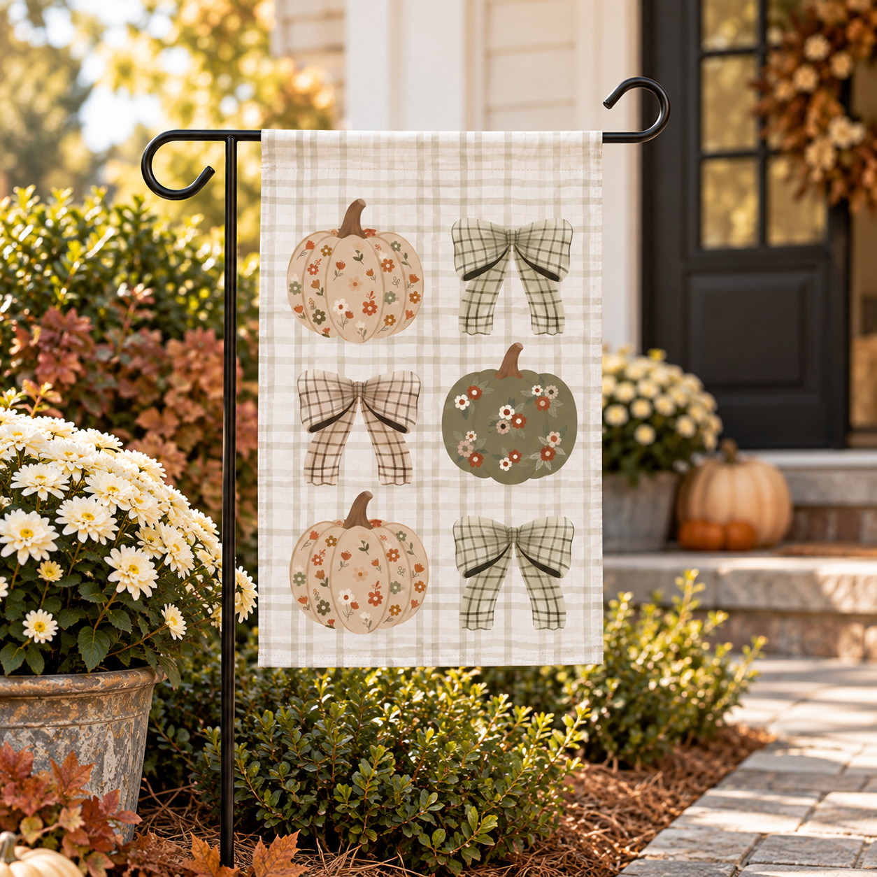 🍂 Fall Pumpkin & Plaid Bow Garden Flag