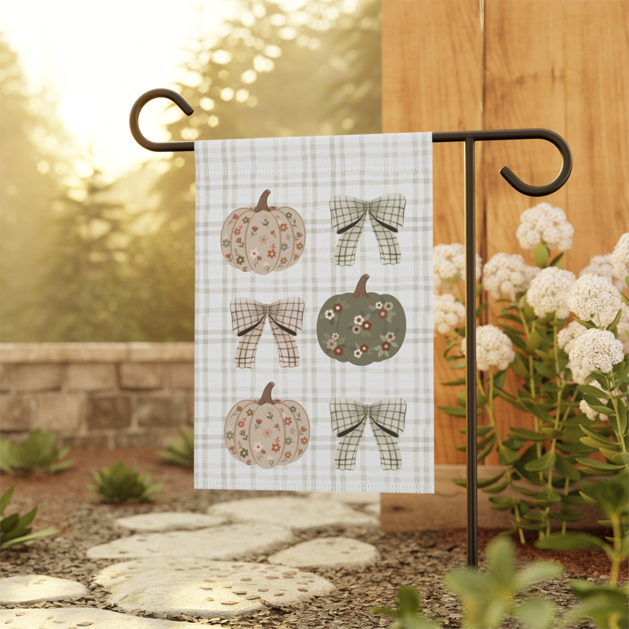 Fall Pumpkin & Plaid Bow Garden Flag