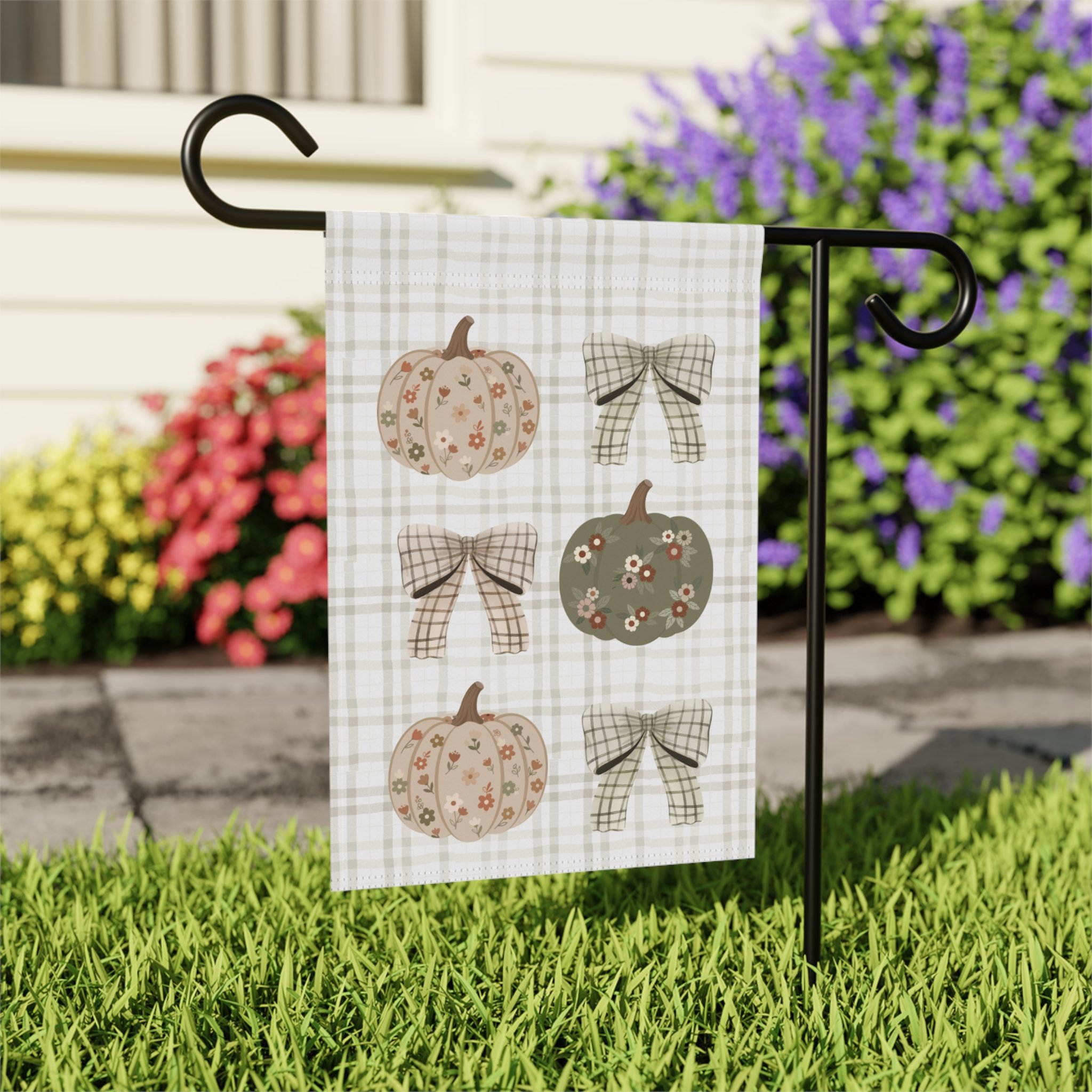 Fall Pumpkin & Plaid Bow Garden Flag