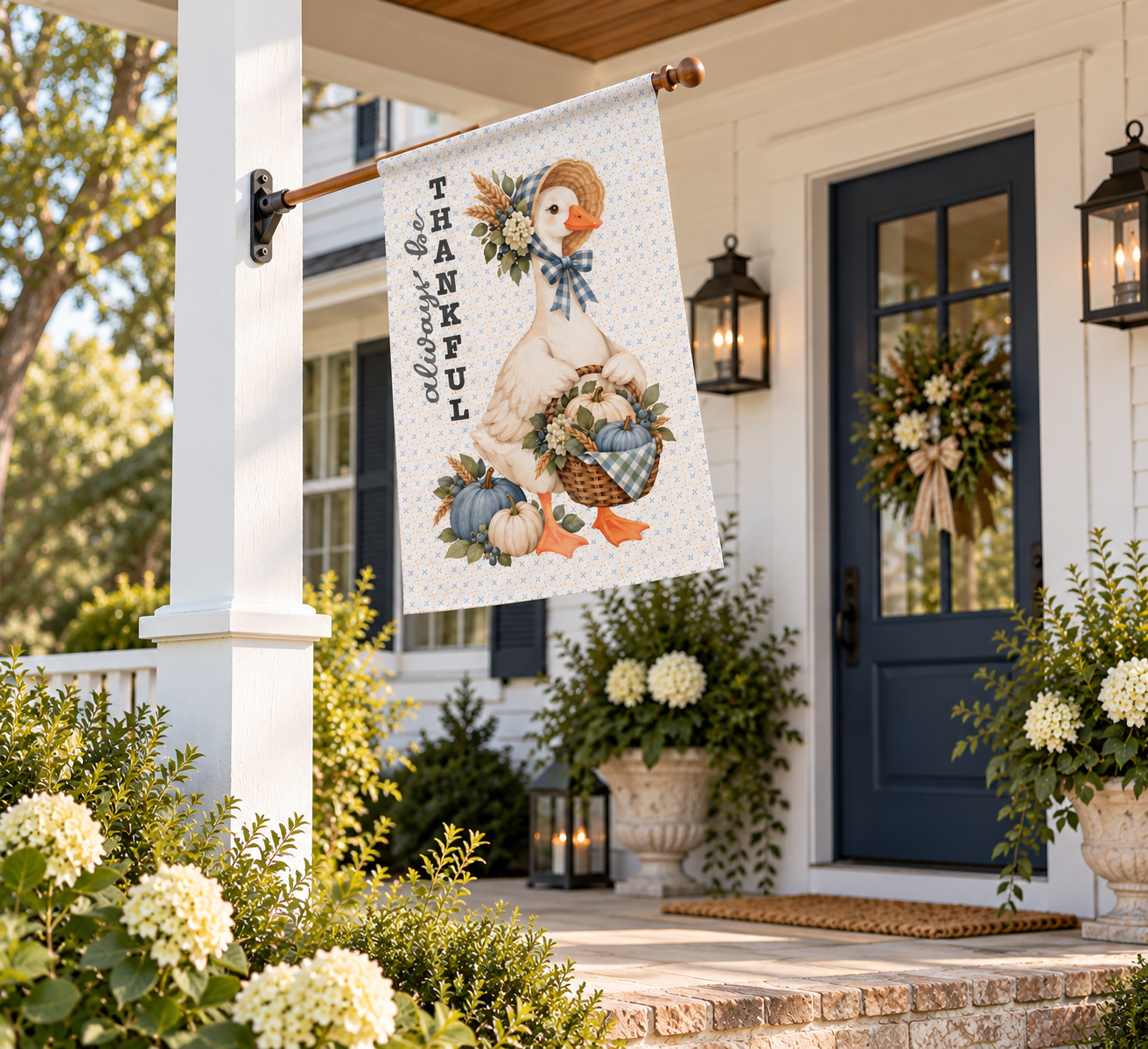 house flag with country goose holding basket of pumpkins