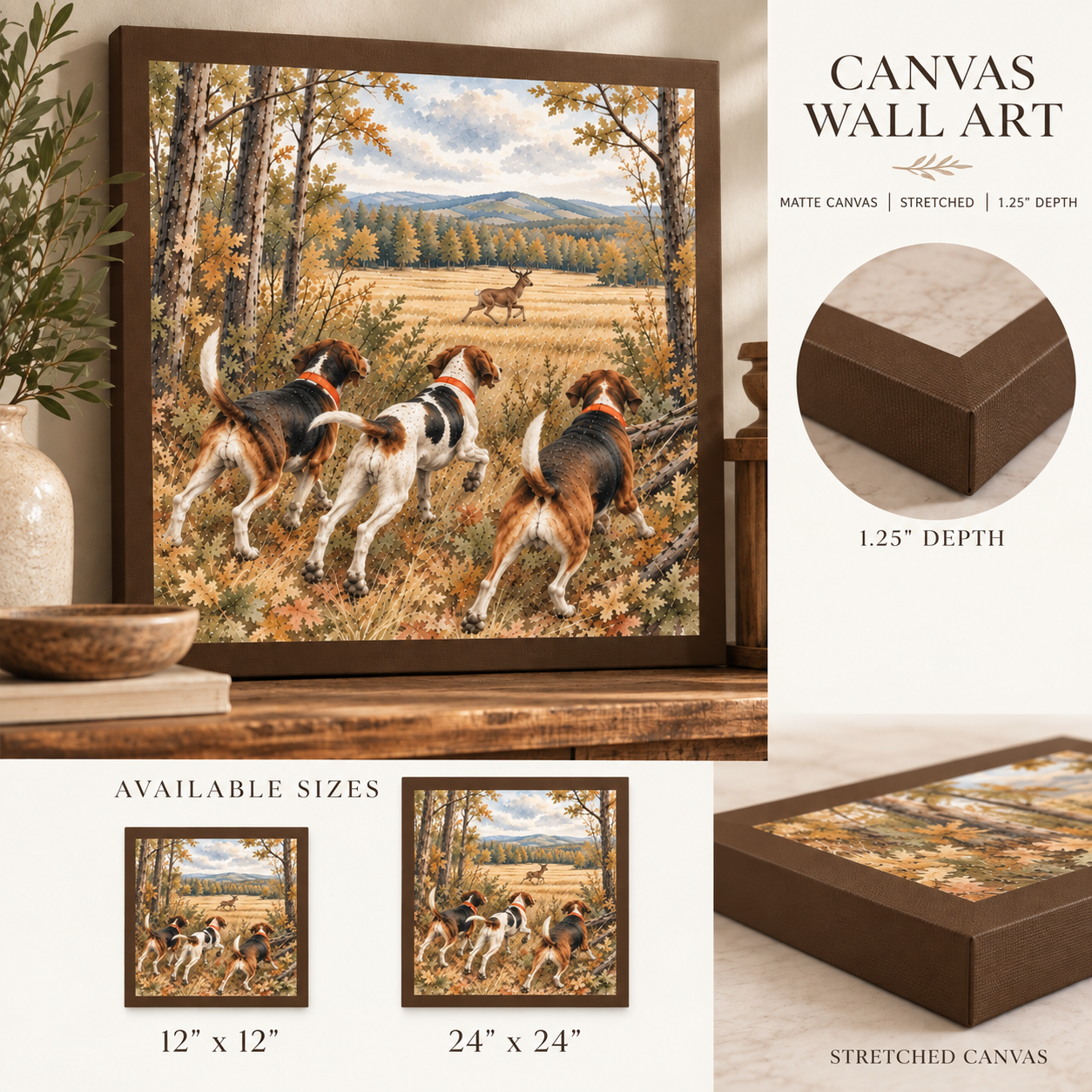 Deer Hunting Hounds in Autumn Forest Matte Canvas