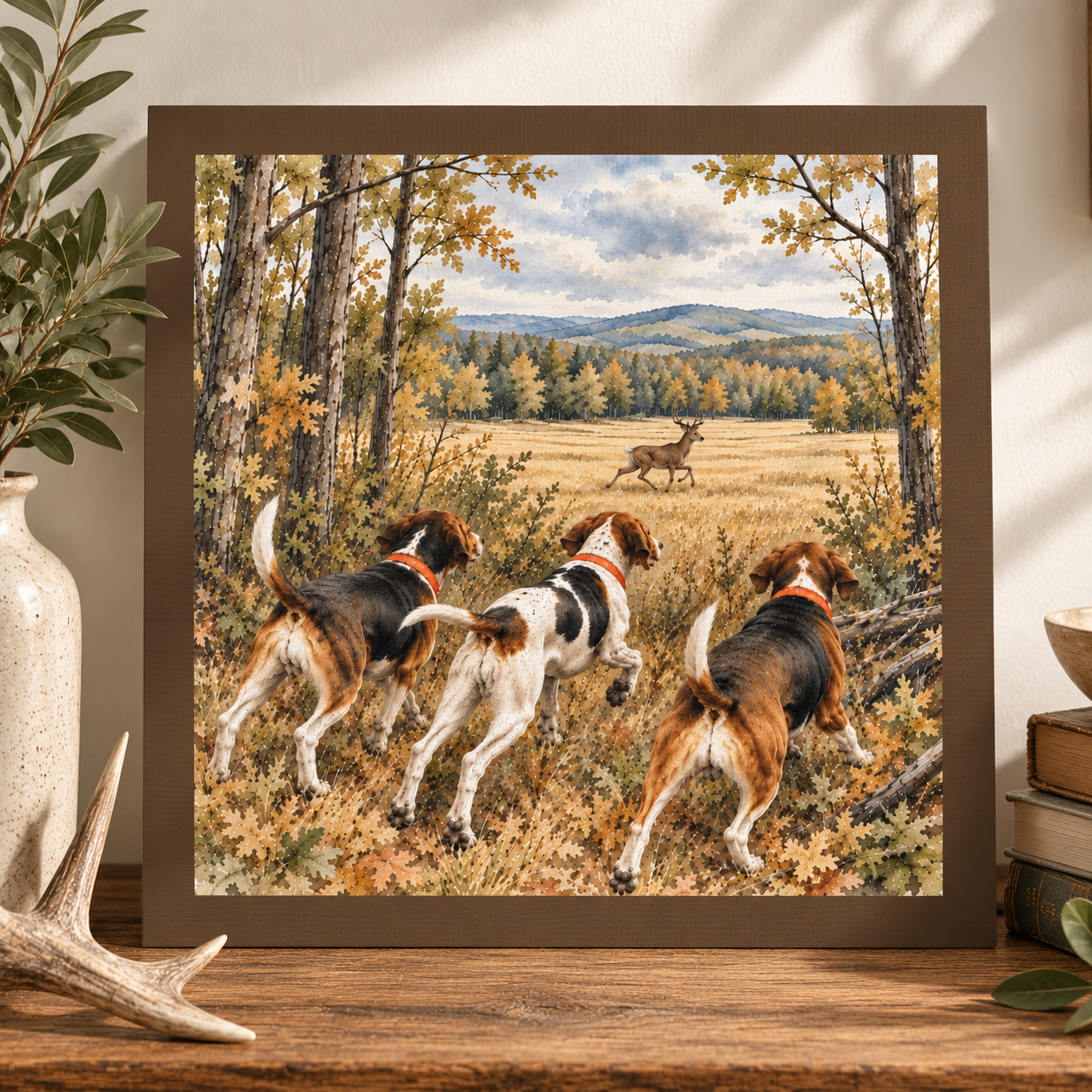 Deer Hunting Hounds in Autumn Forest Matte Canvas | Dogs Running | Hunting Decor