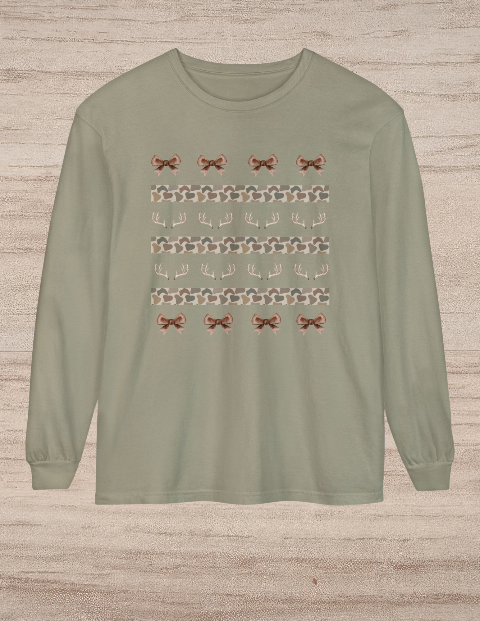 Camo Bow and Deer Antler Pattern Long Sleeve T-Shirt | Rustic Hunting Season | Gift for Hunters Wife