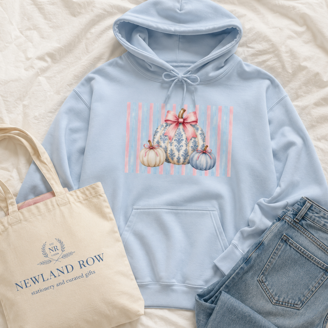 Blue Pumpkin Bow Hoodie | Coquette Fall Sweatshirt | Blue & Pink Pumpkin Hoodie | Cottagecore Autumn Hoodie | Cute Fall Outfit for Women